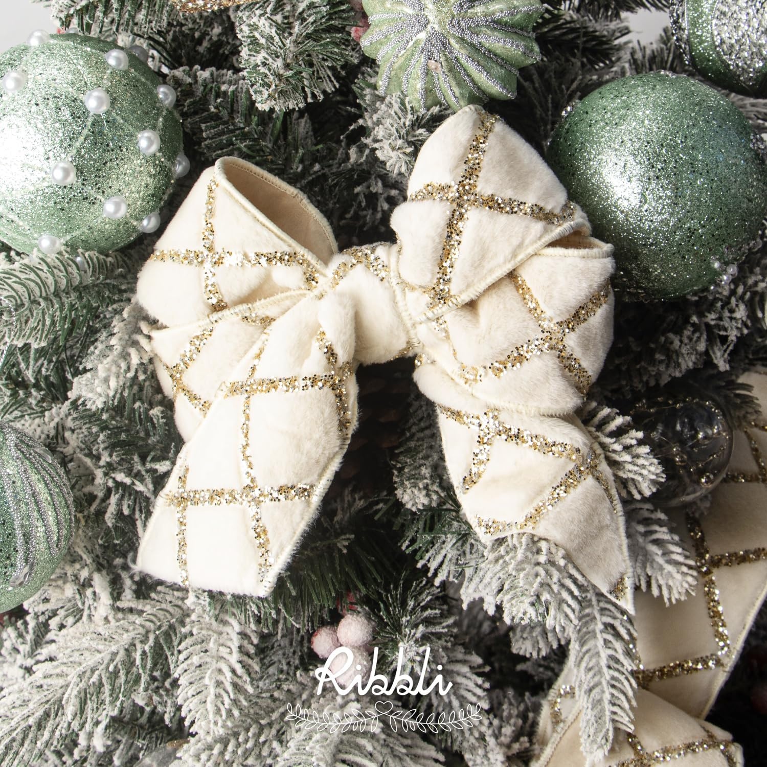 Ribbli White Fluffy Velvet Wired Ribbon with Champagne Gold Foil 4 Inch Christmas Ribbon for Gift Wrapping Topper Bow Christmas Tree Decoration Crafts Wreaths Supplies-Continuous 10 Yards(Cream White)