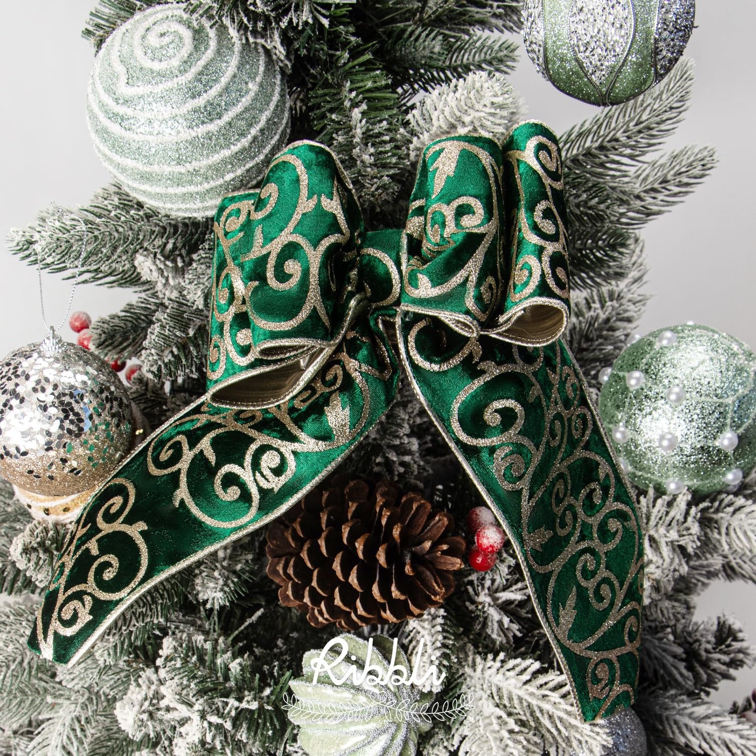 Ribbli Sage Green Velvet Ribbon Wired with Glitter Swirl 4 Inch Christmas Ribbon for Christmas Tree Decoration Big Bow Gift Wrapping Crafts Wreaths Supplies – 10 Yards(Forest Green)