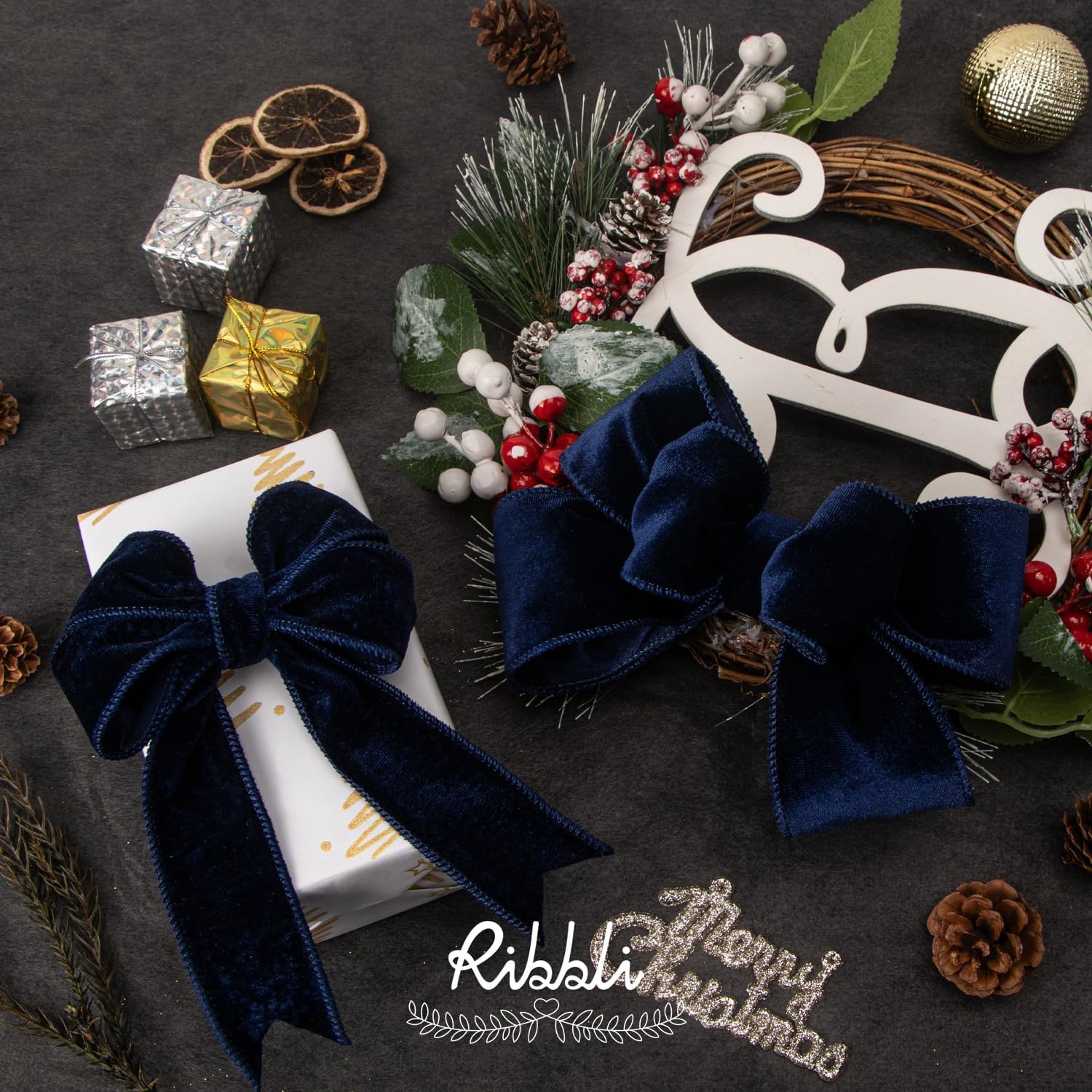 Ribbli Dusty Green Velvet Wired Ribbon 4 Inch Sage Velvet with Satin Christmas Ribbon for Gift Wrapping Christmas Tree Decoration Crafts Wreaths Supplies-Continuous 10 Yards(Navy)