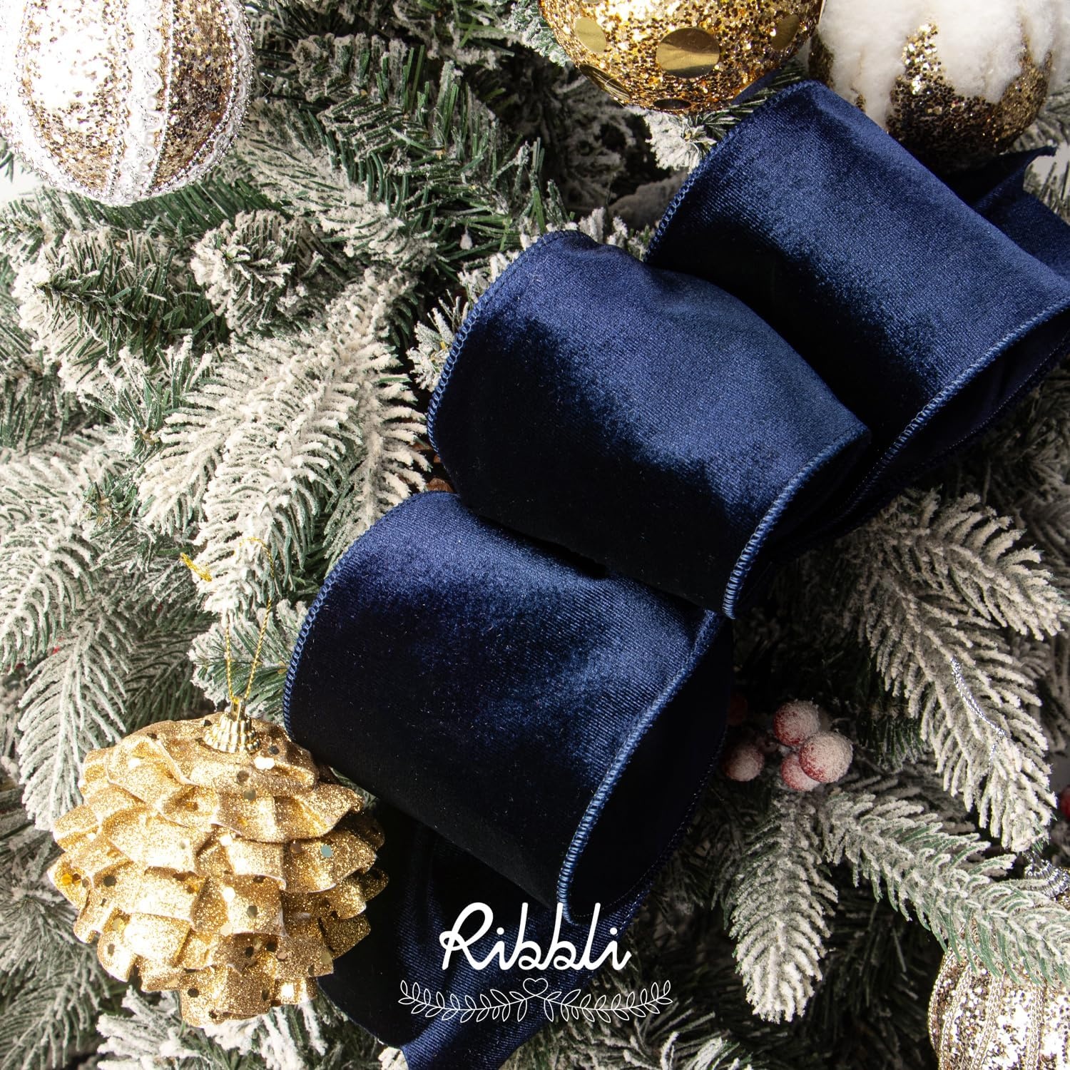 Ribbli Dusty Green Velvet Wired Ribbon 4 Inch Sage Velvet with Satin Christmas Ribbon for Gift Wrapping Christmas Tree Decoration Crafts Wreaths Supplies-Continuous 10 Yards(Navy)