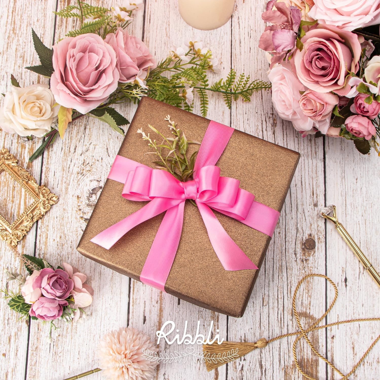 Ribbli Double Faced Rose Gold Satin Ribbon,3/8 x Continuous 25 Yards,Use for Bows Bouquet,Gift Wrapping,Floral Arrangement(Pink Hot)