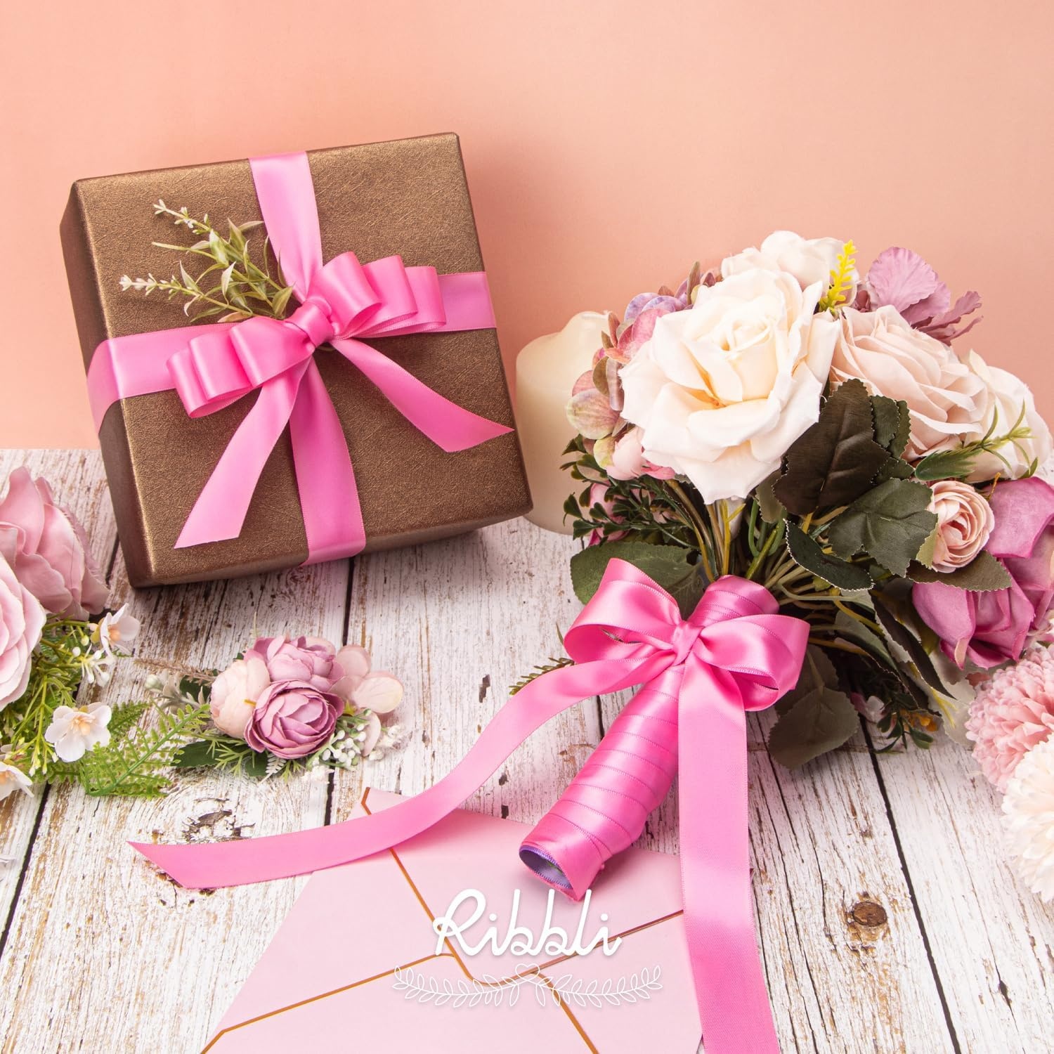 Ribbli Double Faced Rose Gold Satin Ribbon,3/8 x Continuous 25 Yards,Use for Bows Bouquet,Gift Wrapping,Floral Arrangement(Pink Hot)