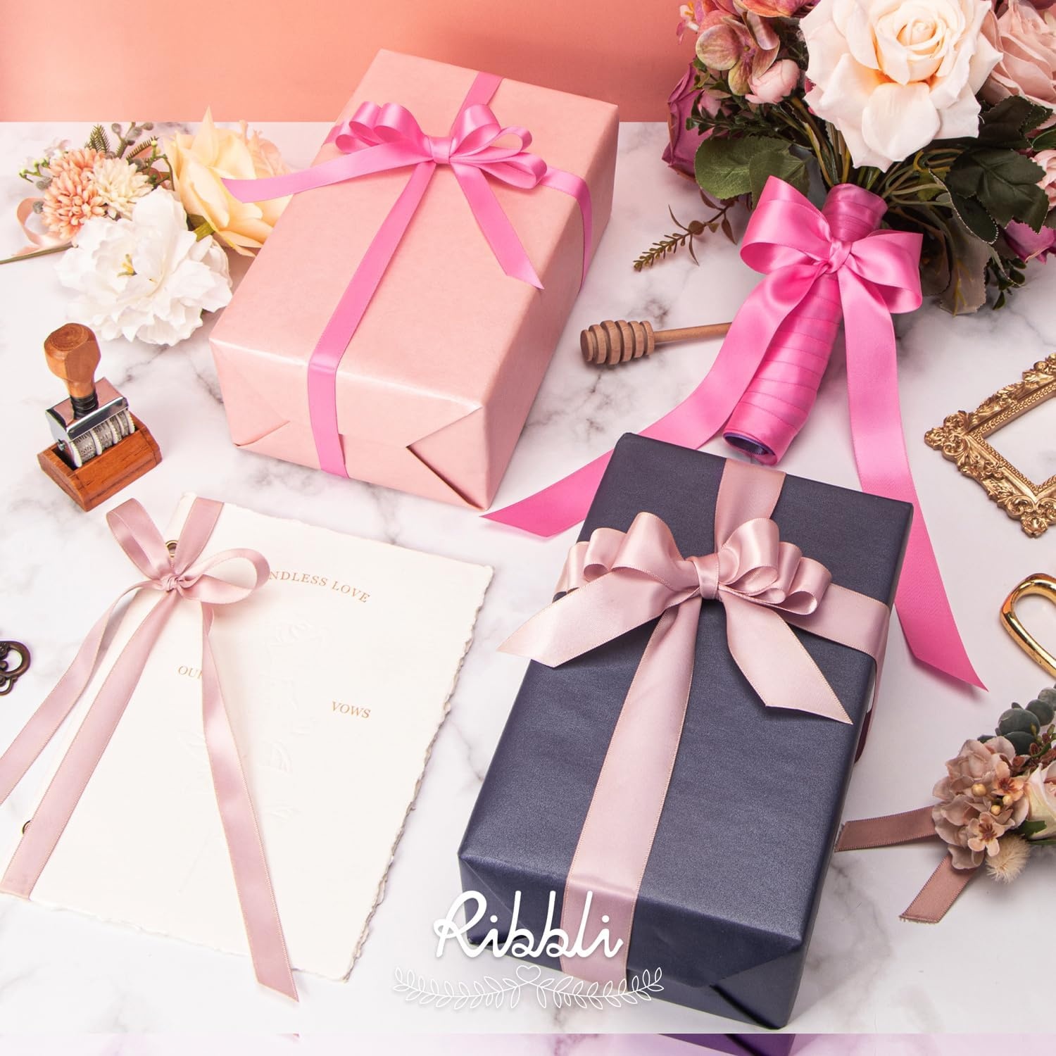 Ribbli Double Faced Rose Gold Satin Ribbon,3/8 x Continuous 25 Yards,Use for Bows Bouquet,Gift Wrapping,Floral Arrangement(Pink Hot)