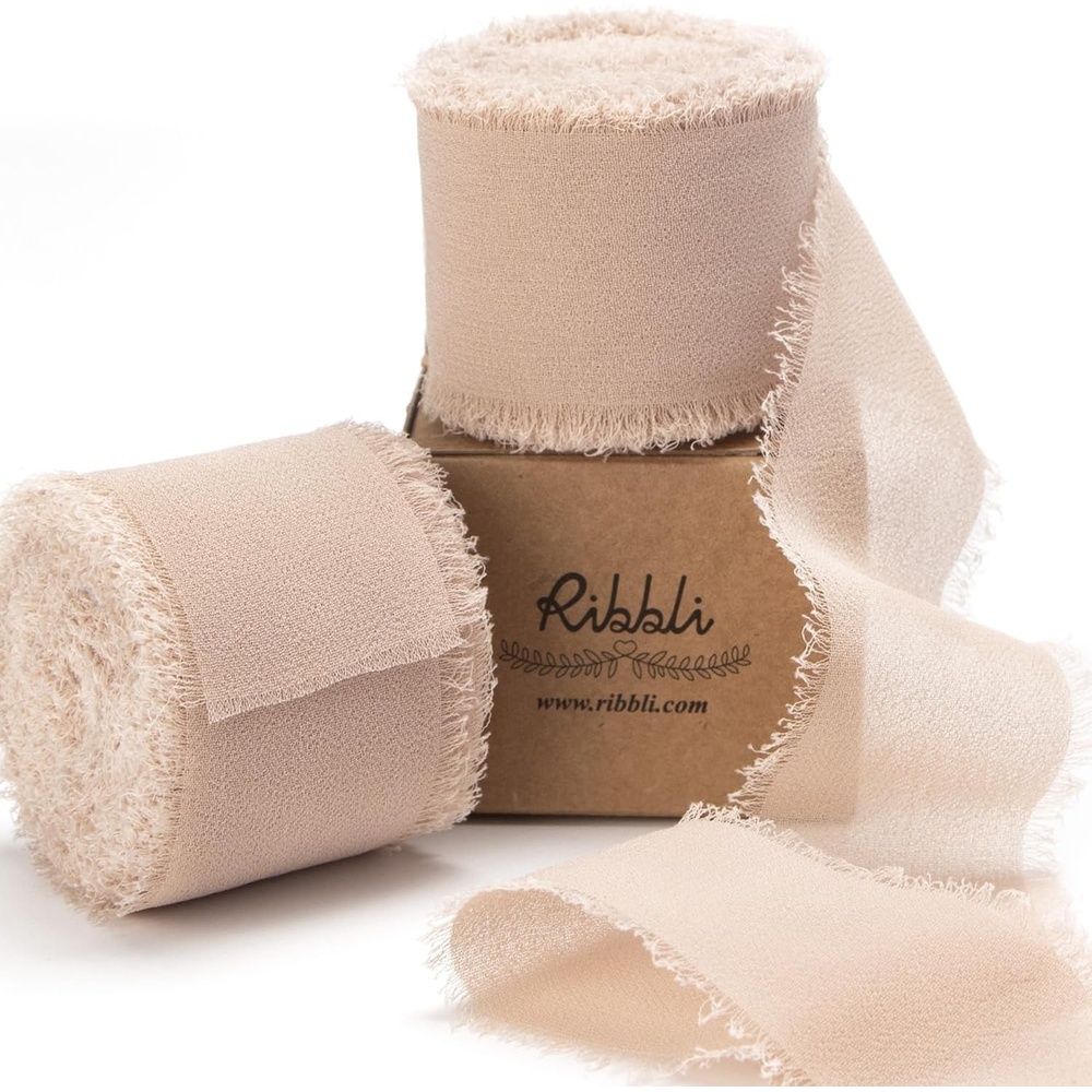 Ribbli Antique Mauve Chiffon Ribbon 1-1/2 inch x 20 Yard Handmade Fringe Chiffon Silk Ribbon,Black Ribbon for Wedding Invitations, Bridal Bouquets Wrapping, Flower Arrangement Decoration(Beige)