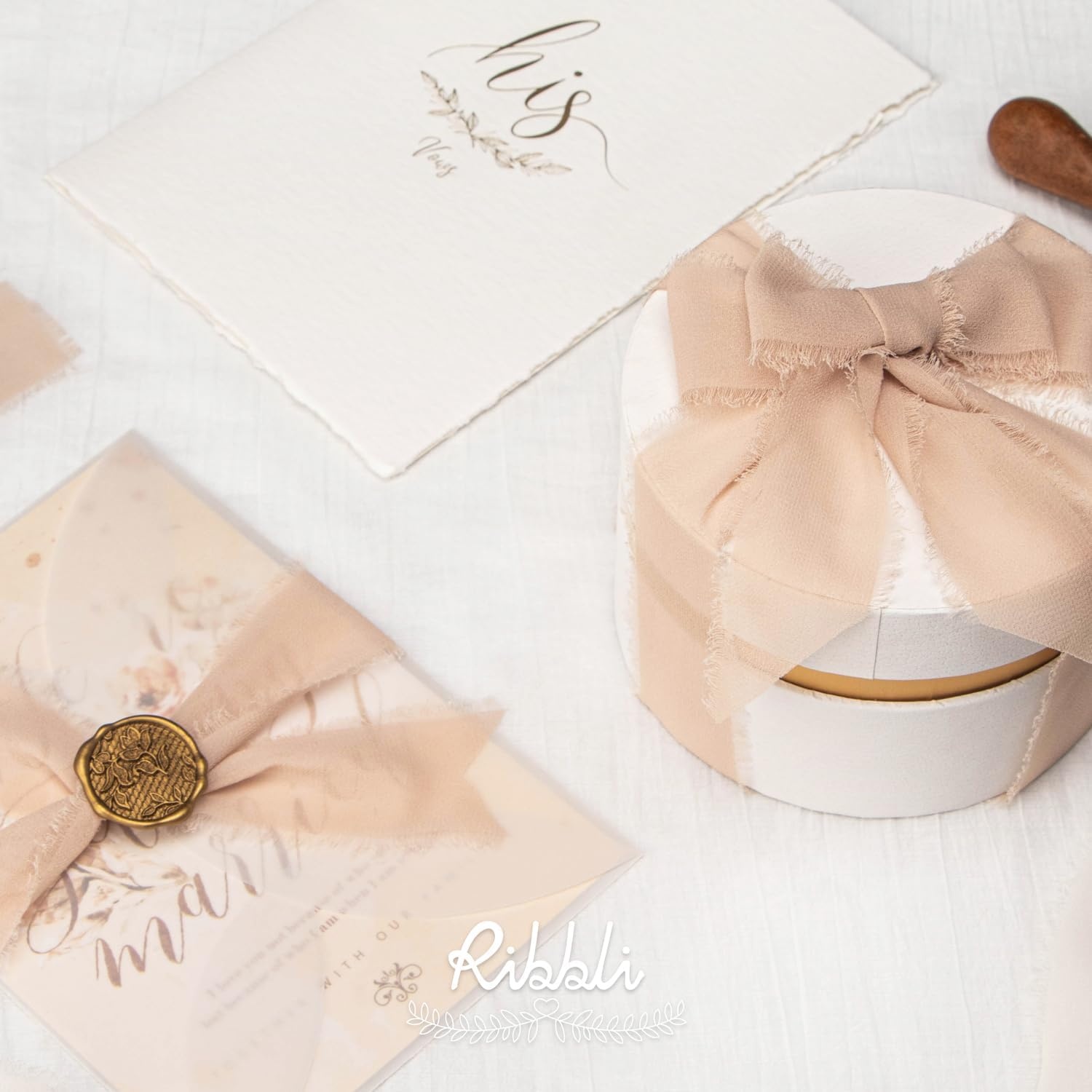 Ribbli Antique Mauve Chiffon Ribbon 1-1/2 inch x 20 Yard Handmade Fringe Chiffon Silk Ribbon,Black Ribbon for Wedding Invitations, Bridal Bouquets Wrapping, Flower Arrangement Decoration(Beige)
