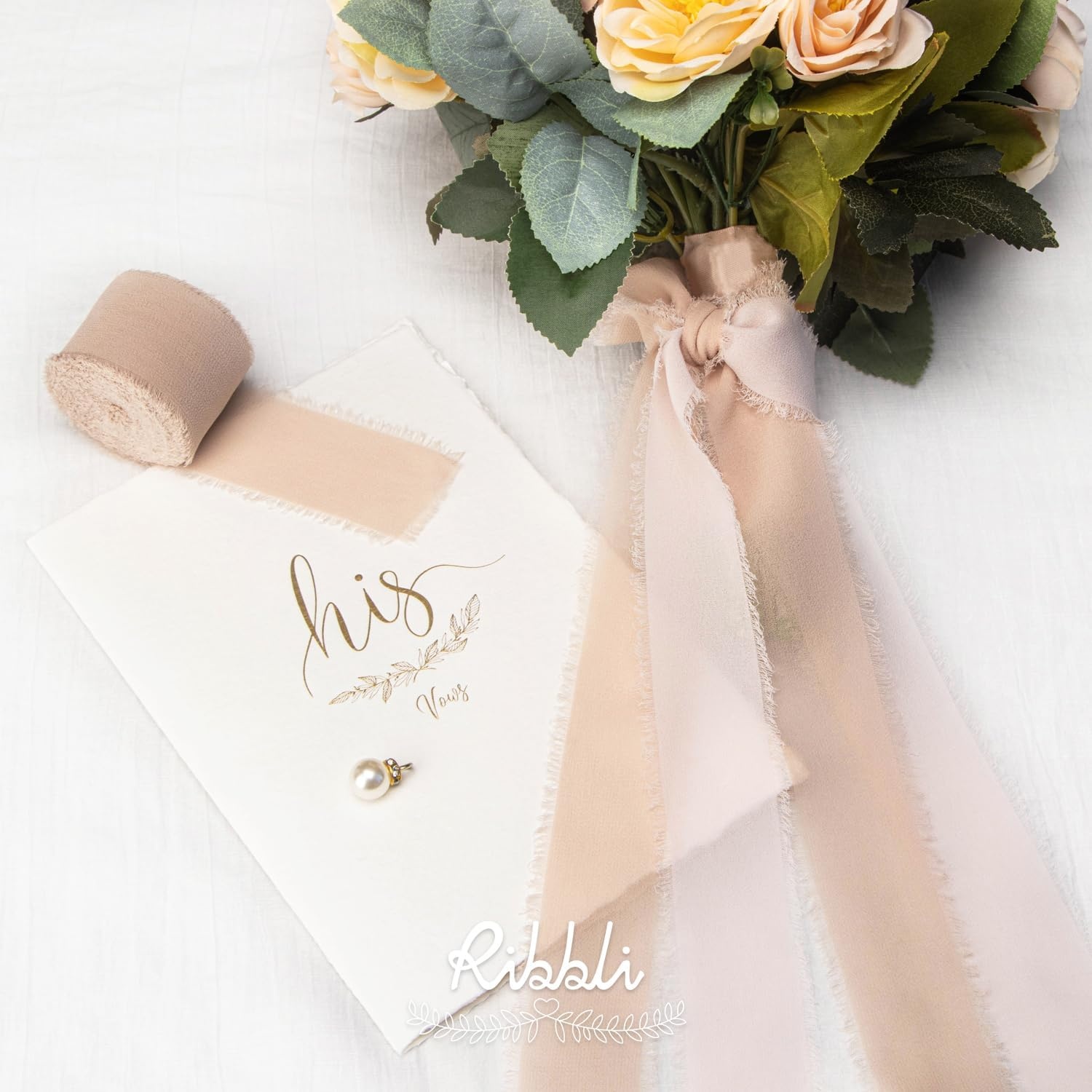 Ribbli Antique Mauve Chiffon Ribbon 1-1/2 inch x 20 Yard Handmade Fringe Chiffon Silk Ribbon,Black Ribbon for Wedding Invitations, Bridal Bouquets Wrapping, Flower Arrangement Decoration(Beige)
