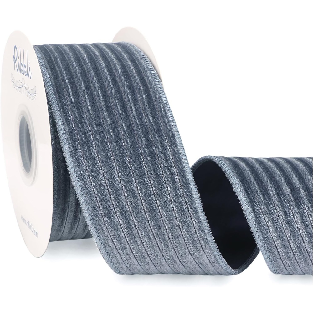 Ribbli Glossy Dusty Green Velvet Wired Ribbon 2.5 Inch Striped Velvet Christmas Ribbon for Gift Wrapping Christmas Tree Decoration Crafts Wreaths Supplies-Continuous 10 Yards(Dusty Blue)