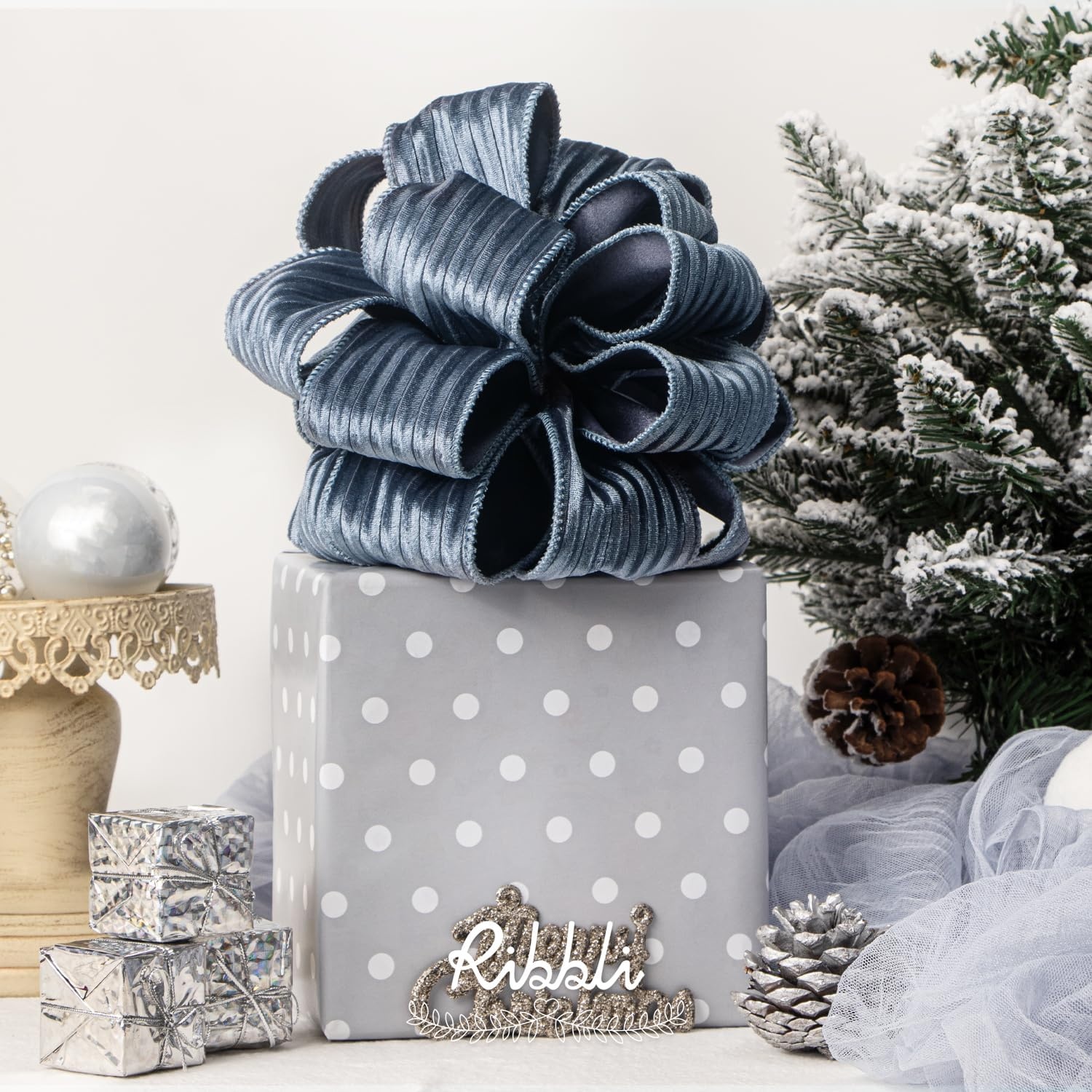 Ribbli Glossy Dusty Green Velvet Wired Ribbon 2.5 Inch Striped Velvet Christmas Ribbon for Gift Wrapping Christmas Tree Decoration Crafts Wreaths Supplies-Continuous 10 Yards(Dusty Blue)