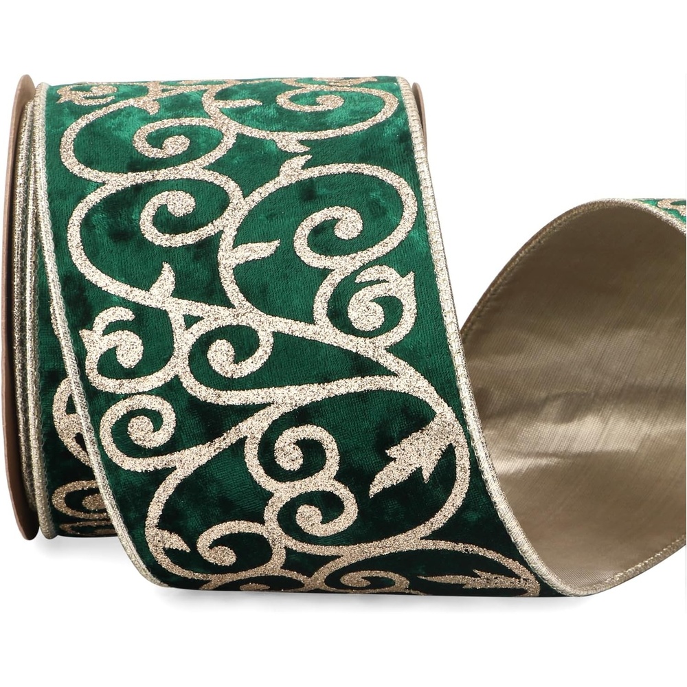Ribbli Black Velvet Ribbon Wired with Glitter Swirl 4 Inch Christmas Ribbon for Christmas Tree Decoration Big Bow Gift Wrapping Crafts Wreaths Supplies – 10 Yards(Forest Green)