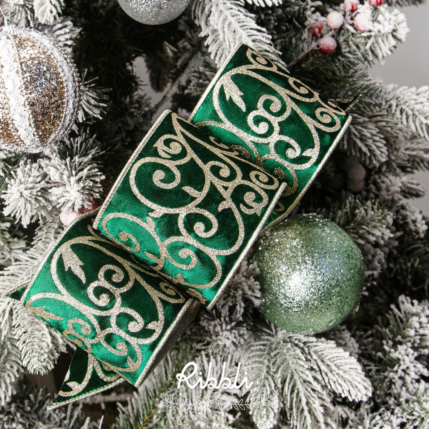Ribbli Black Velvet Ribbon Wired with Glitter Swirl 4 Inch Christmas Ribbon for Christmas Tree Decoration Big Bow Gift Wrapping Crafts Wreaths Supplies – 10 Yards(Forest Green)