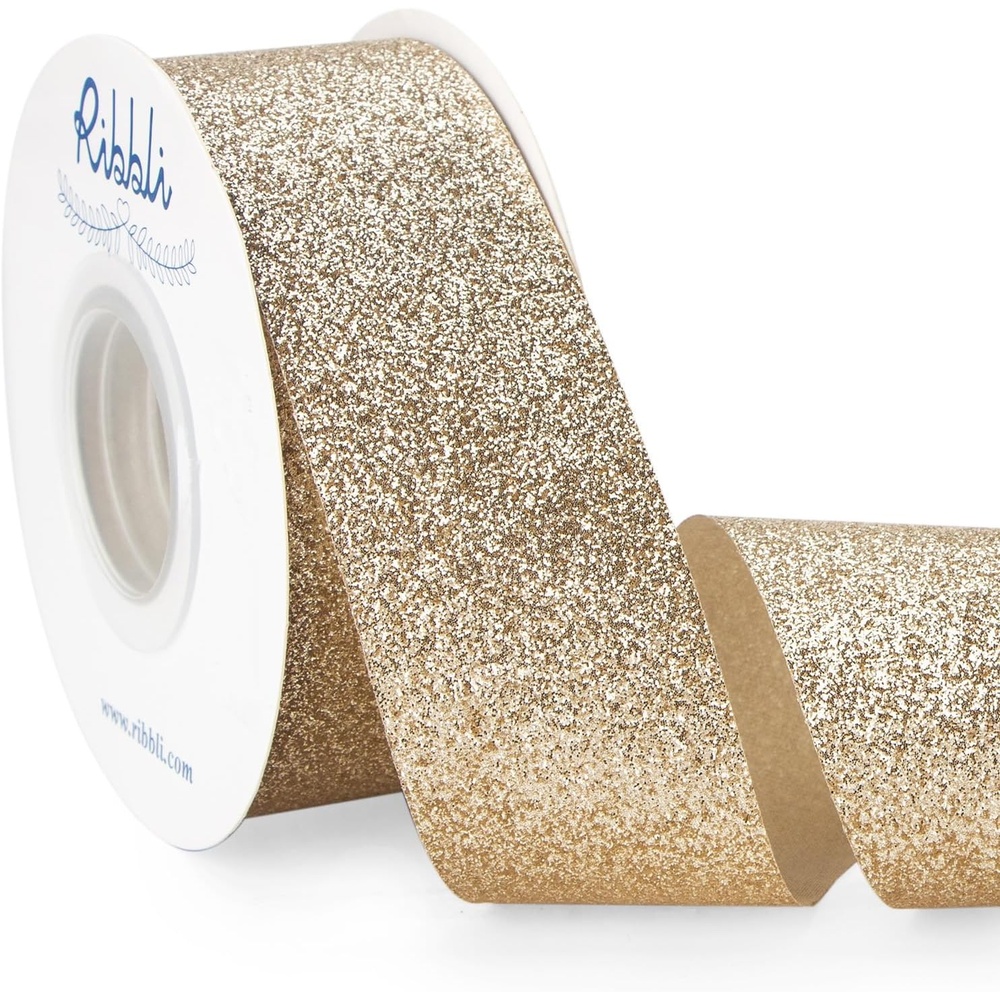 Ribbli Royal Blue Glitter Ribbon,Gift Wrapping Cut Edge Christmas Ribbon for Crafts, Chritmas Tree Decoration,Ornaments Decoration,Home Decor, 3/8 Inch x 25 Yards(Champagne Gold)
