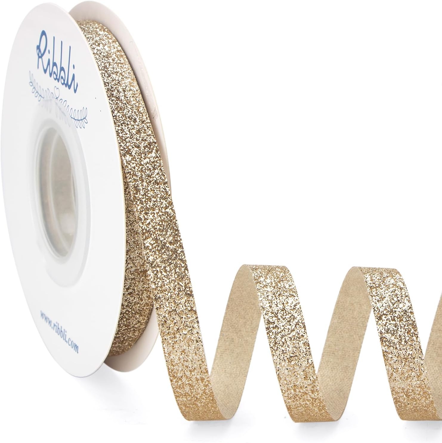 Ribbli Royal Blue Glitter Ribbon,Gift Wrapping Cut Edge Christmas Ribbon for Crafts, Chritmas Tree Decoration,Ornaments Decoration,Home Decor, 3/8 Inch x 25 Yards(Champagne Gold)