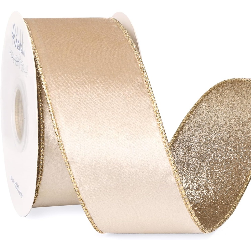 Ribbli Moss Green Velvet Ribbon Wired 2.5 Inch Glossy Velvet with Gold Glitter Christmas Ribbon for Christmas Tree Decoration Big Bow Gift Wrapping Crafts Wreaths Supplies – Continuous 10 Yards(Light Champagne)