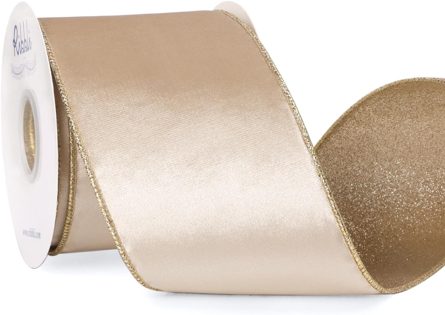 Ribbli Moss Green Velvet Ribbon Wired 2.5 Inch Glossy Velvet with Gold Glitter Christmas Ribbon for Christmas Tree Decoration Big Bow Gift Wrapping Crafts Wreaths Supplies – Continuous 10 Yards(Light Champagne)