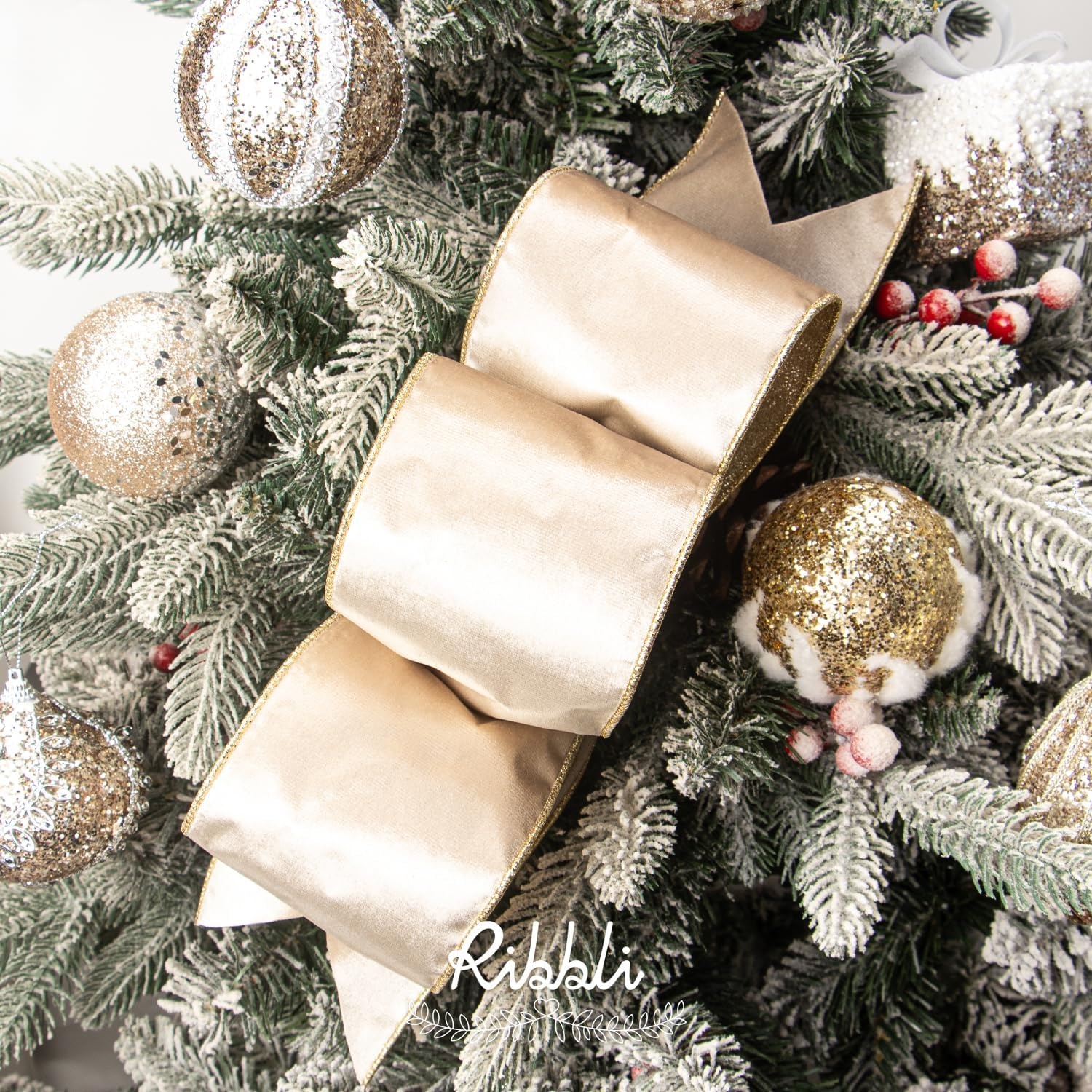 Ribbli Moss Green Velvet Ribbon Wired 2.5 Inch Glossy Velvet with Gold Glitter Christmas Ribbon for Christmas Tree Decoration Big Bow Gift Wrapping Crafts Wreaths Supplies – Continuous 10 Yards(Light Champagne)