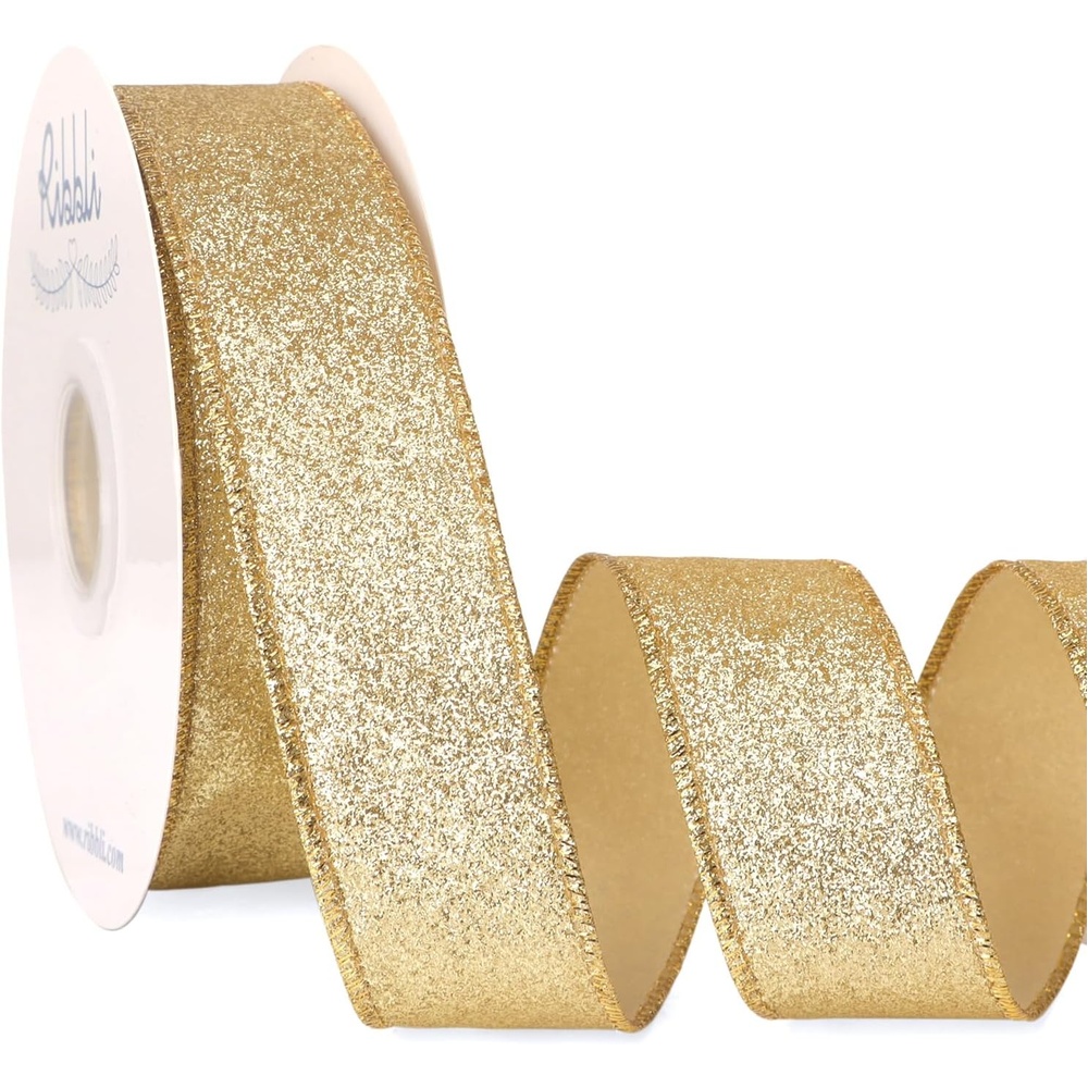 Ribbli Champagne Gold Glitter Wired Ribbon with Metallic Edge, Christmas Ribbon for Wreath, Christmas Tree Decoration, Gift Wrapping, Home Decor, 1-1/2 Inch x 20 Yards(Gold)