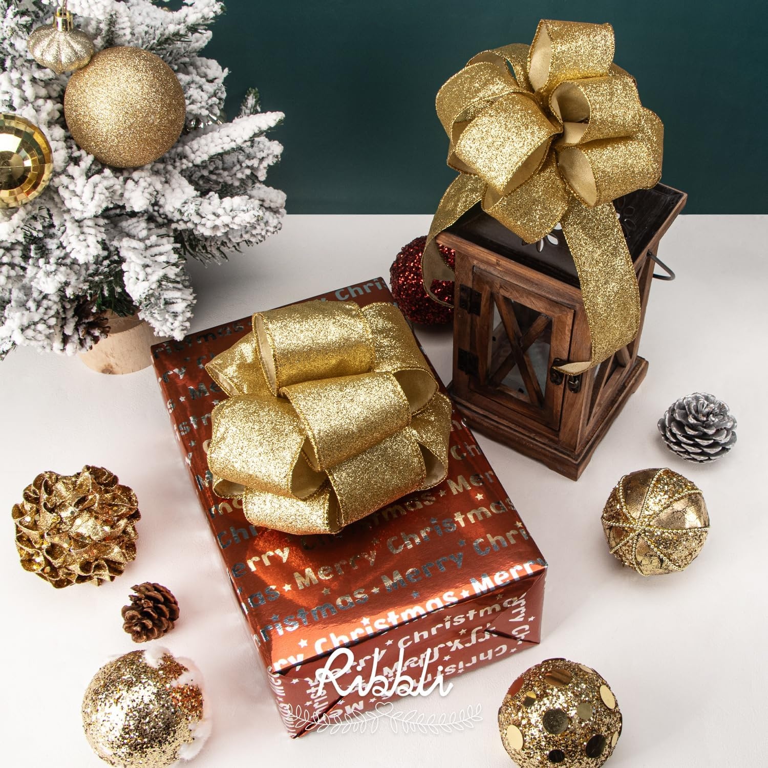 Ribbli Champagne Gold Glitter Wired Ribbon with Metallic Edge, Christmas Ribbon for Wreath, Christmas Tree Decoration, Gift Wrapping, Home Decor, 1-1/2 Inch x 20 Yards(Gold)