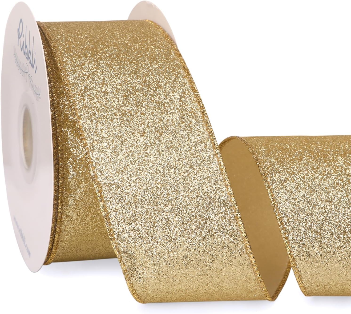 Ribbli Champagne Gold Glitter Wired Ribbon with Metallic Edge, Christmas Ribbon for Wreath, Christmas Tree Decoration, Gift Wrapping, Home Decor, 1-1/2 Inch x 20 Yards(Gold)