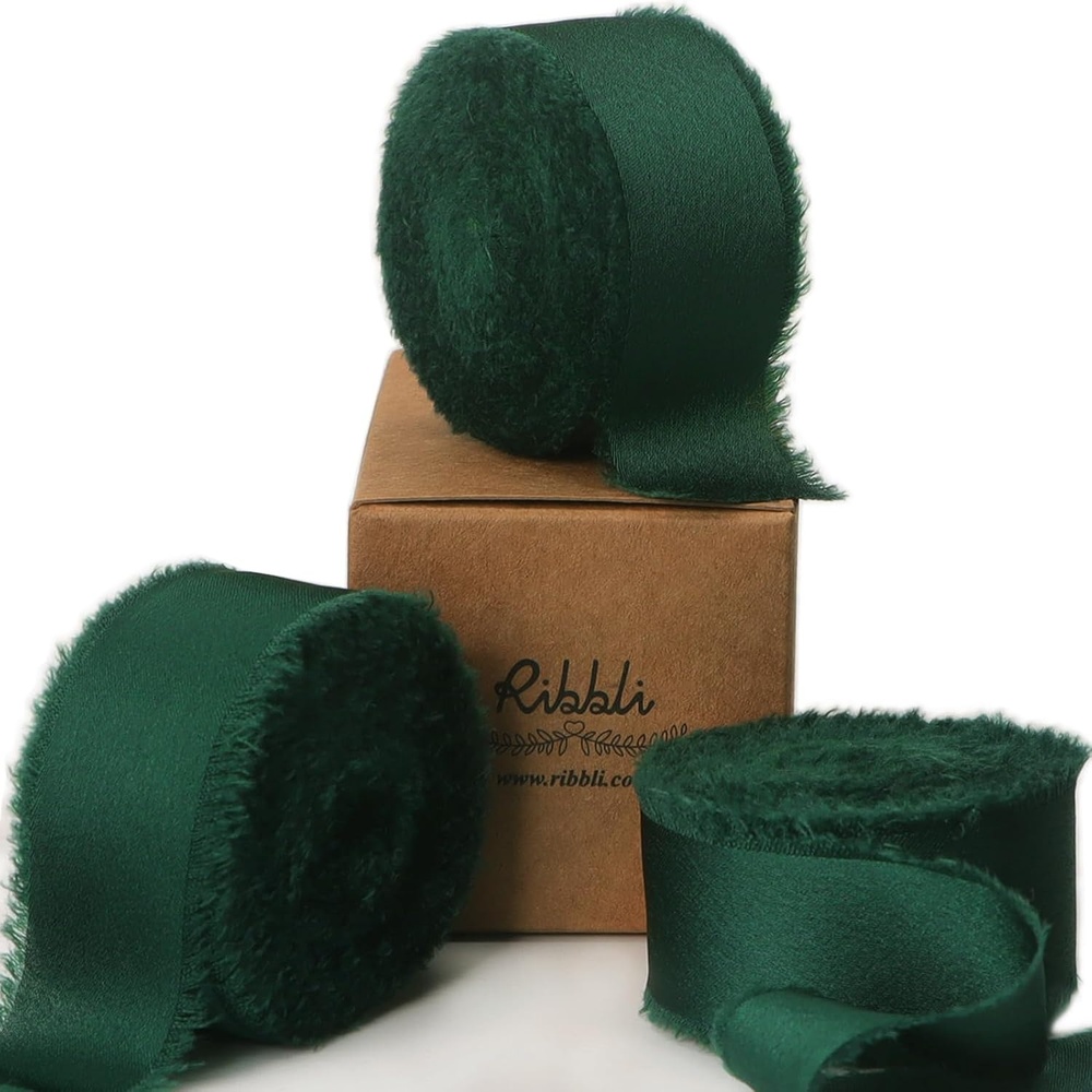 Ribbli Terracotta Silk Satin Ribbon 1.5 Inch x 30 Yard Handmade Frayed Chiffon Burnt Orange Ribbon for Gift Wrapping Wedding Invitations Bridal Bouquets Home Decor(Forest Green)