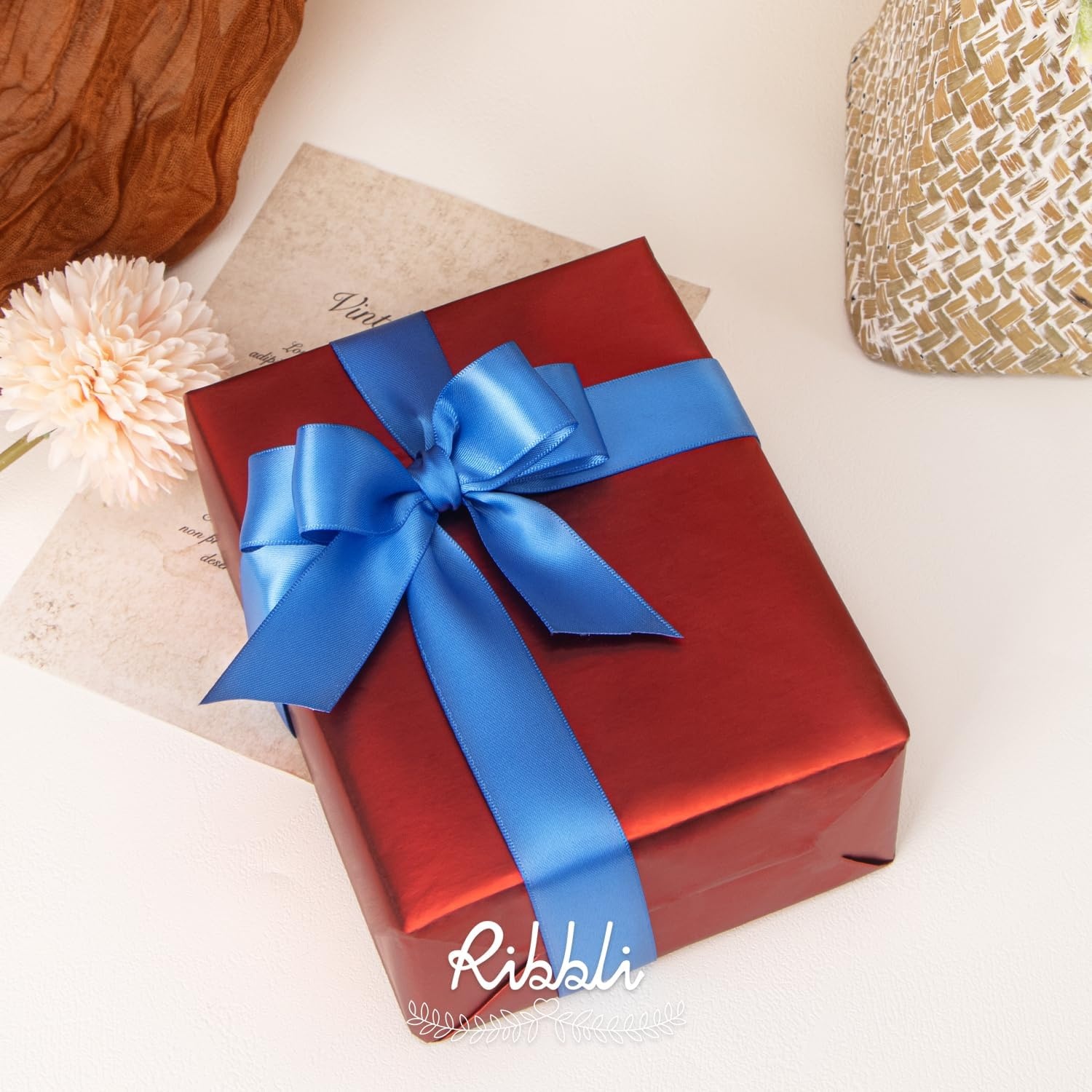 Ribbli Double Faced Rose Gold Satin Ribbon,3/8 x Continuous 25 Yards,Use for Bows Bouquet,Gift Wrapping,Floral Arrangement(Blue Royal)
