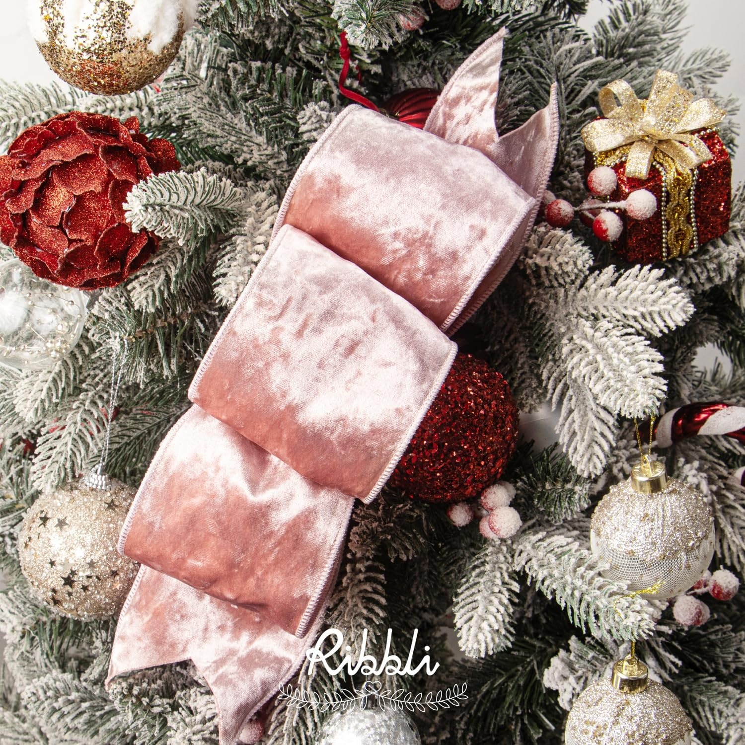 Ribbli Royal Blue Velvet Wired Ribbon 4 Inch Crushed Velvet Christmas Ribbon for Gift Wrapping Christmas Tree Decoration Crafts Wreaths Supplies-Continuous 10 Yards(Light Pink)