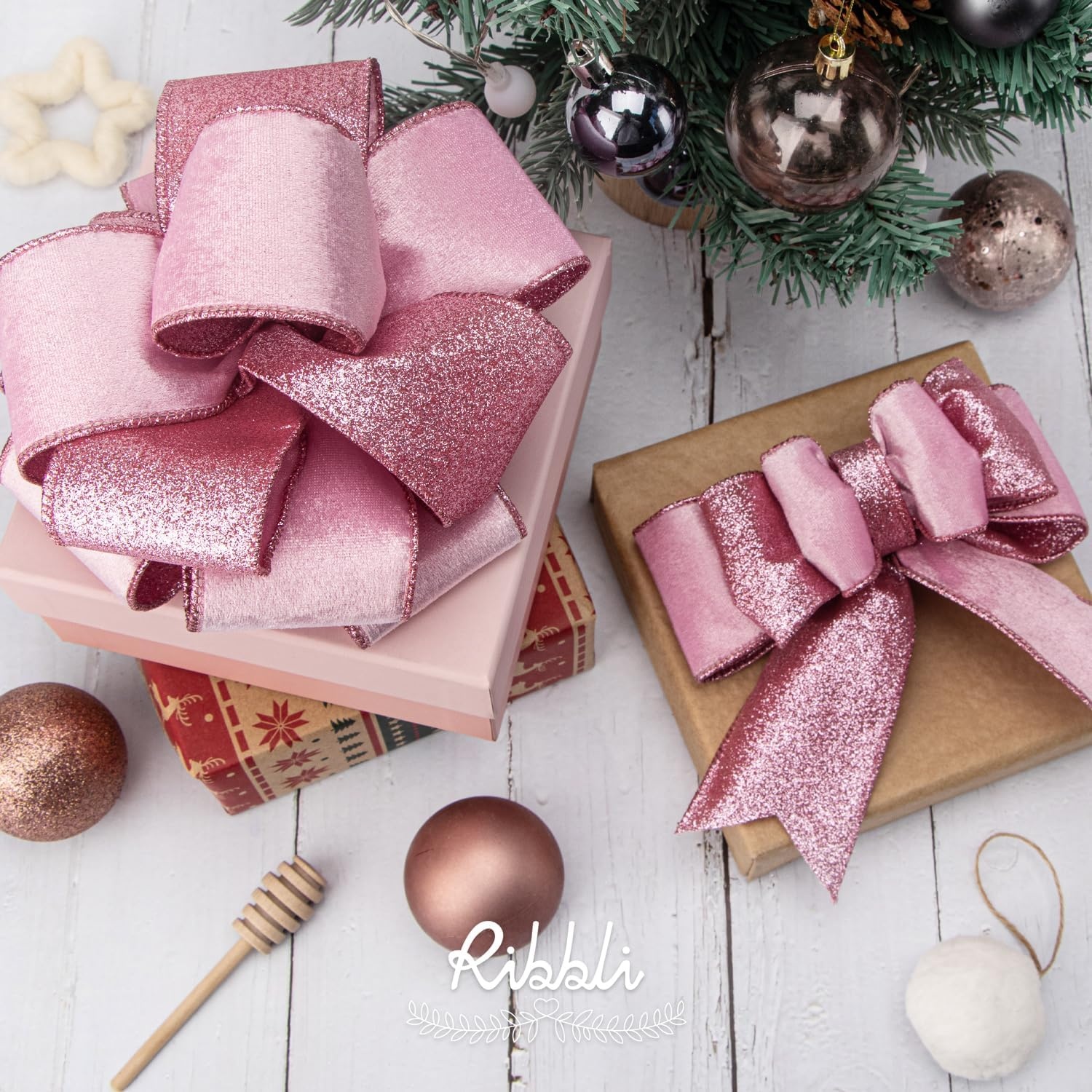 Ribbli Light Champagne Velvet Wired Ribbon 4 Inch Ivory Velvet with Champagne Glitter Christmas Ribbon for Christmas Tree Decoration Big Bow Gift Wrapping Crafts Wreaths Supplies- 10 Yards(Pink)