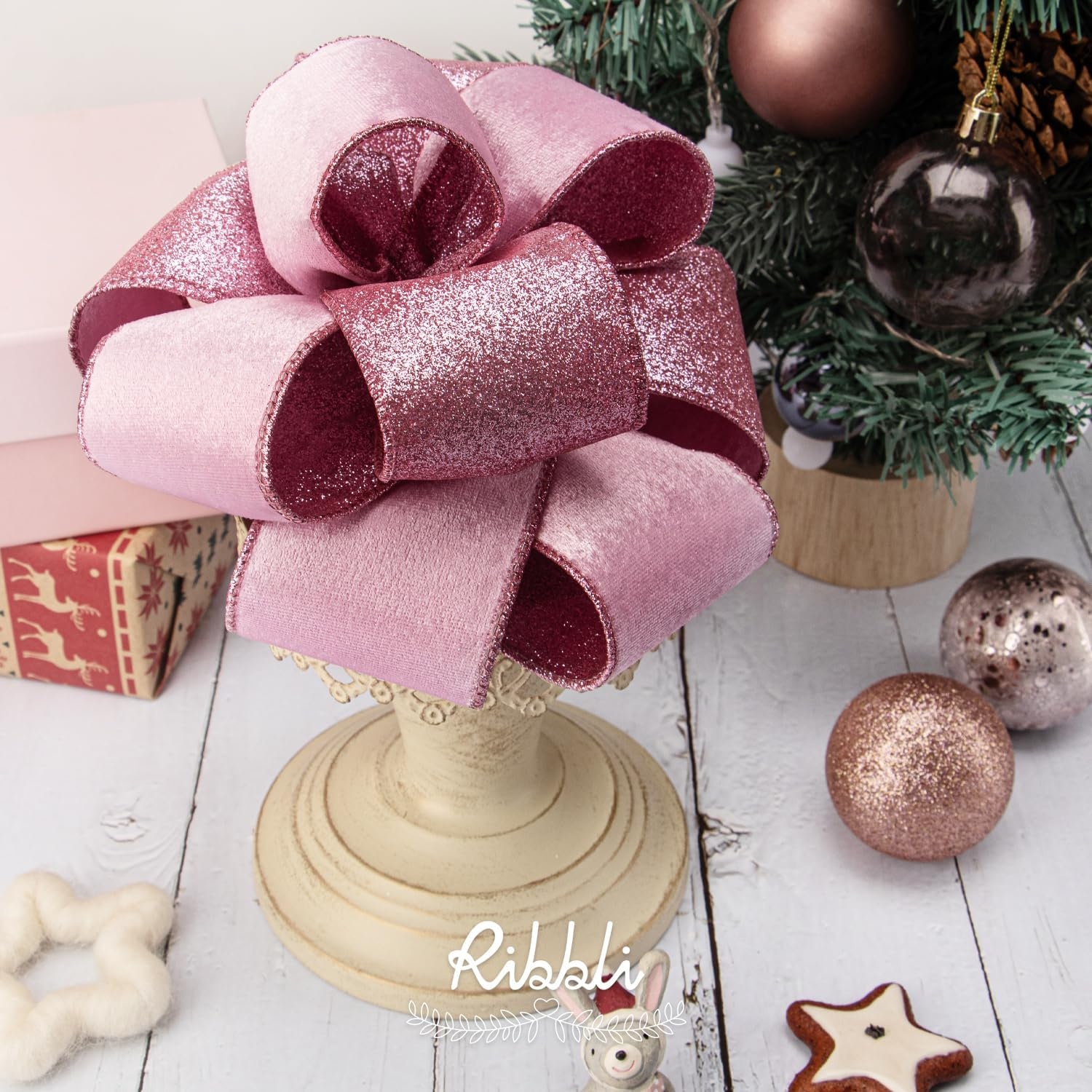 Ribbli Light Champagne Velvet Wired Ribbon 4 Inch Ivory Velvet with Champagne Glitter Christmas Ribbon for Christmas Tree Decoration Big Bow Gift Wrapping Crafts Wreaths Supplies- 10 Yards(Pink)