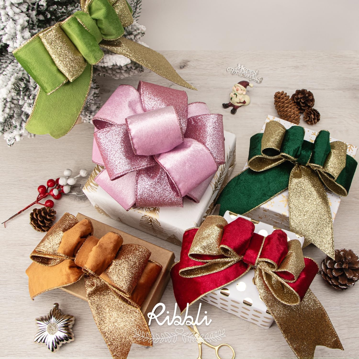 Ribbli Light Champagne Velvet Wired Ribbon 4 Inch Ivory Velvet with Champagne Glitter Christmas Ribbon for Christmas Tree Decoration Big Bow Gift Wrapping Crafts Wreaths Supplies- 10 Yards(Pink)