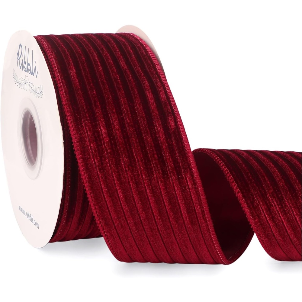 Ribbli Glossy Dusty Green Velvet Wired Ribbon 2.5 Inch Striped Velvet Christmas Ribbon for Gift Wrapping Christmas Tree Decoration Crafts Wreaths Supplies-Continuous 10 Yards(Dark Red)