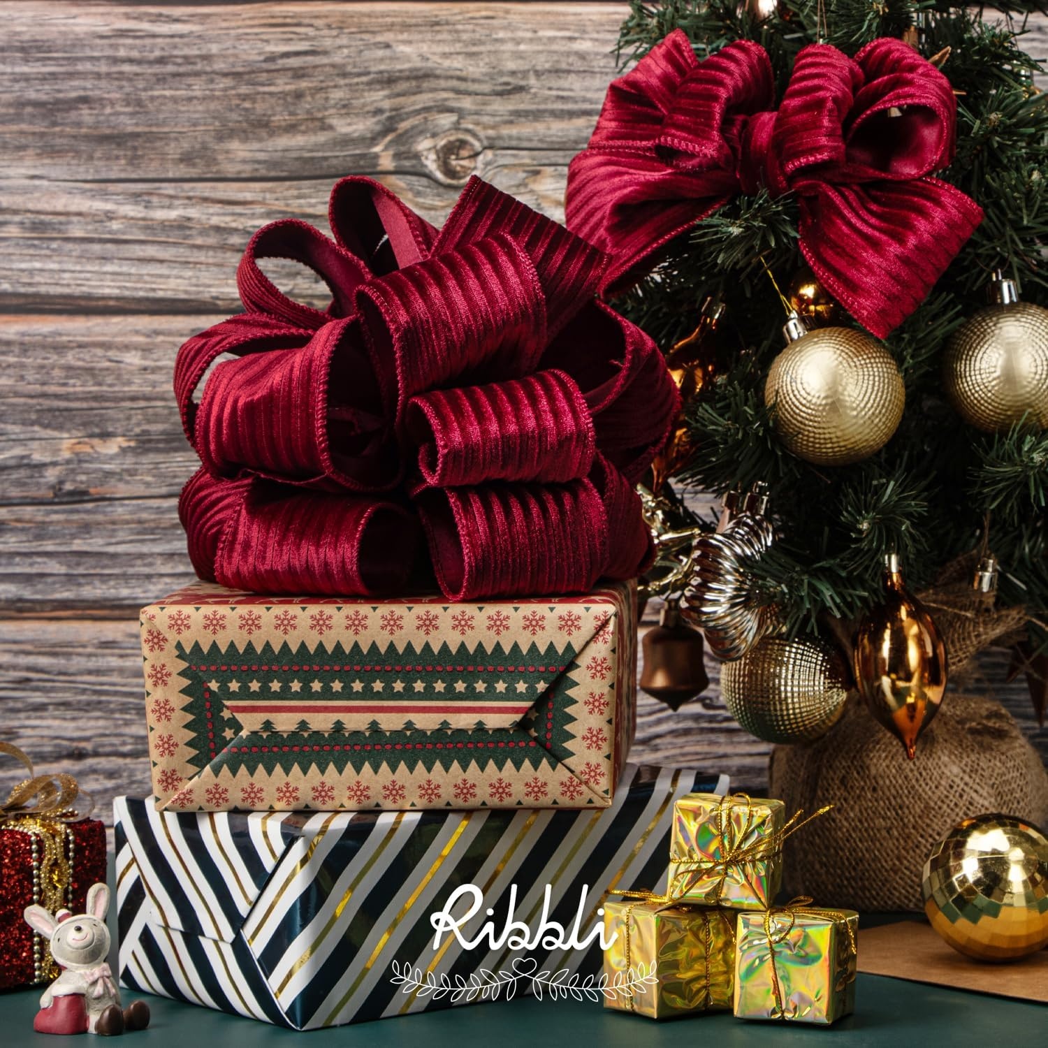 Ribbli Glossy Dusty Green Velvet Wired Ribbon 2.5 Inch Striped Velvet Christmas Ribbon for Gift Wrapping Christmas Tree Decoration Crafts Wreaths Supplies-Continuous 10 Yards(Dark Red)