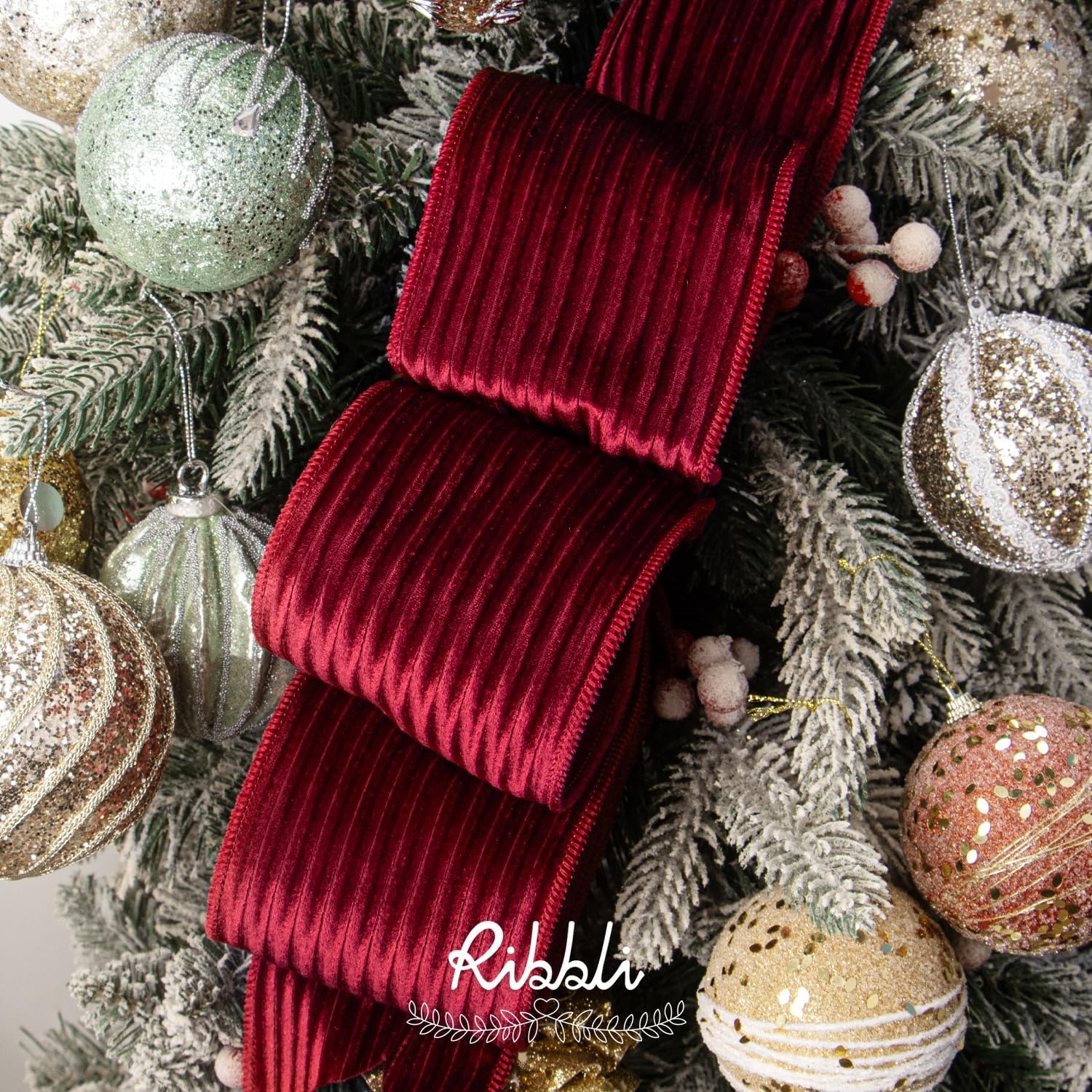Ribbli Glossy Dusty Green Velvet Wired Ribbon 2.5 Inch Striped Velvet Christmas Ribbon for Gift Wrapping Christmas Tree Decoration Crafts Wreaths Supplies-Continuous 10 Yards(Dark Red)