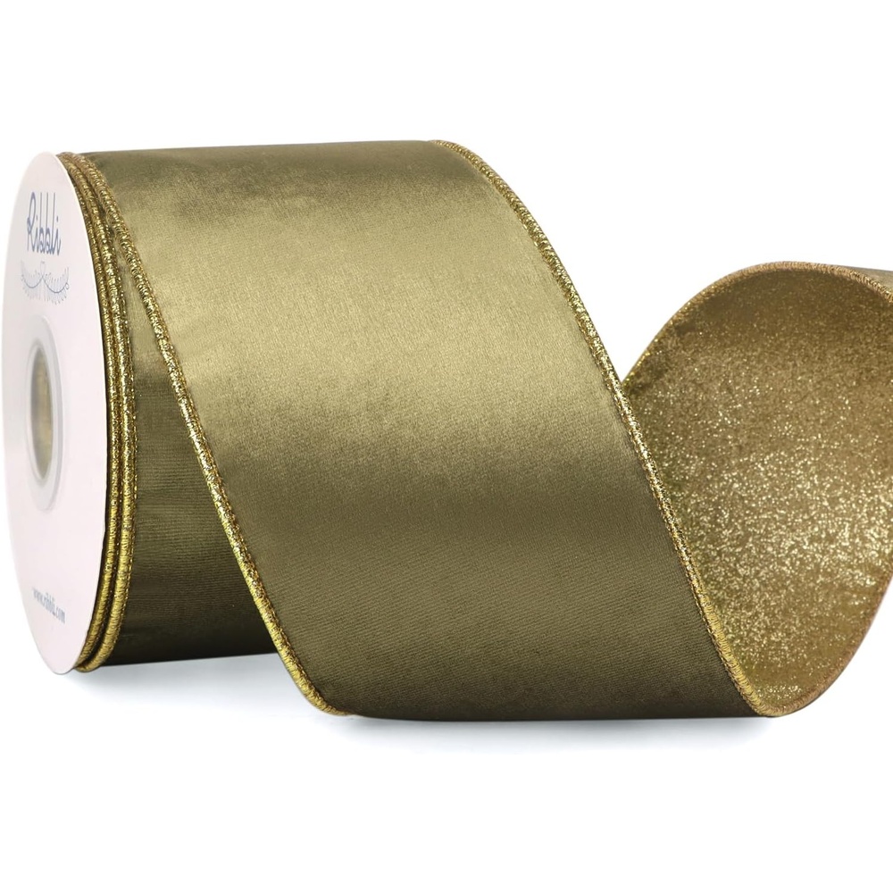 Ribbli Moss Green Velvet Ribbon Wired 2.5 Inch Glossy Velvet with Gold Glitter Christmas Ribbon for Christmas Tree Decoration Big Bow Gift Wrapping Crafts Wreaths Supplies – Continuous 10 Yards(Spring Moss)