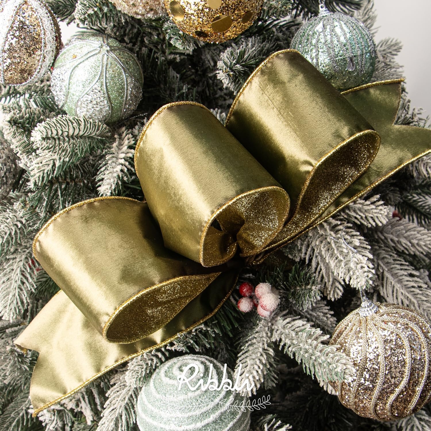 Ribbli Moss Green Velvet Ribbon Wired 2.5 Inch Glossy Velvet with Gold Glitter Christmas Ribbon for Christmas Tree Decoration Big Bow Gift Wrapping Crafts Wreaths Supplies – Continuous 10 Yards(Spring Moss)