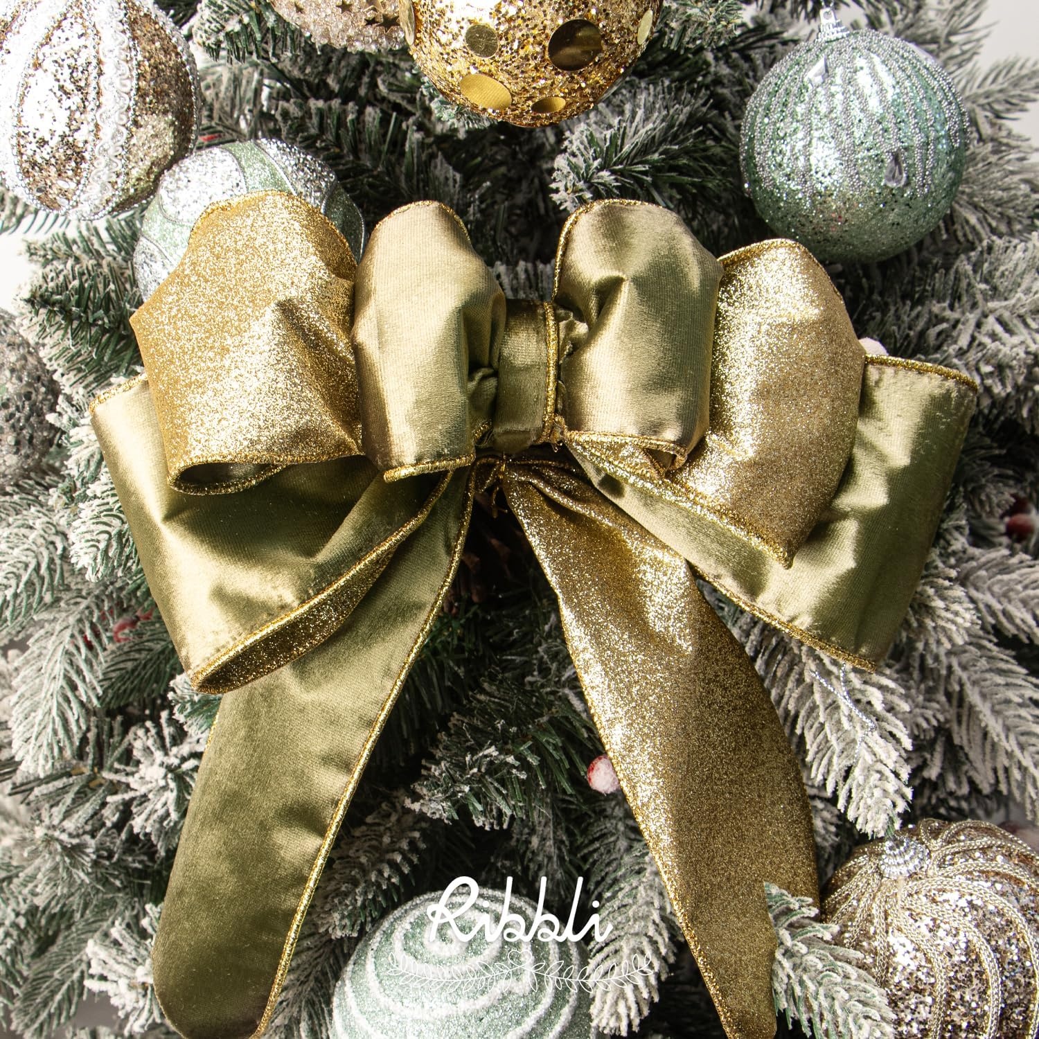 Ribbli Moss Green Velvet Ribbon Wired 2.5 Inch Glossy Velvet with Gold Glitter Christmas Ribbon for Christmas Tree Decoration Big Bow Gift Wrapping Crafts Wreaths Supplies – Continuous 10 Yards(Spring Moss)