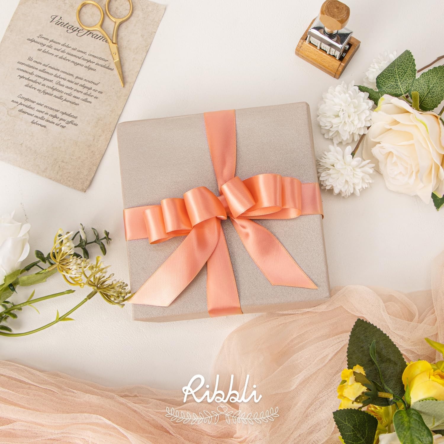 Ribbli Dusty Blue Satin Ribbon Double Faced Satin 1-1/2 Inch x Continuous 50 Yards-Blue Ribbon for Gift Wrapping Crafts Wedding Decoration Bows Bouquet Floral Arrangement(Peach)