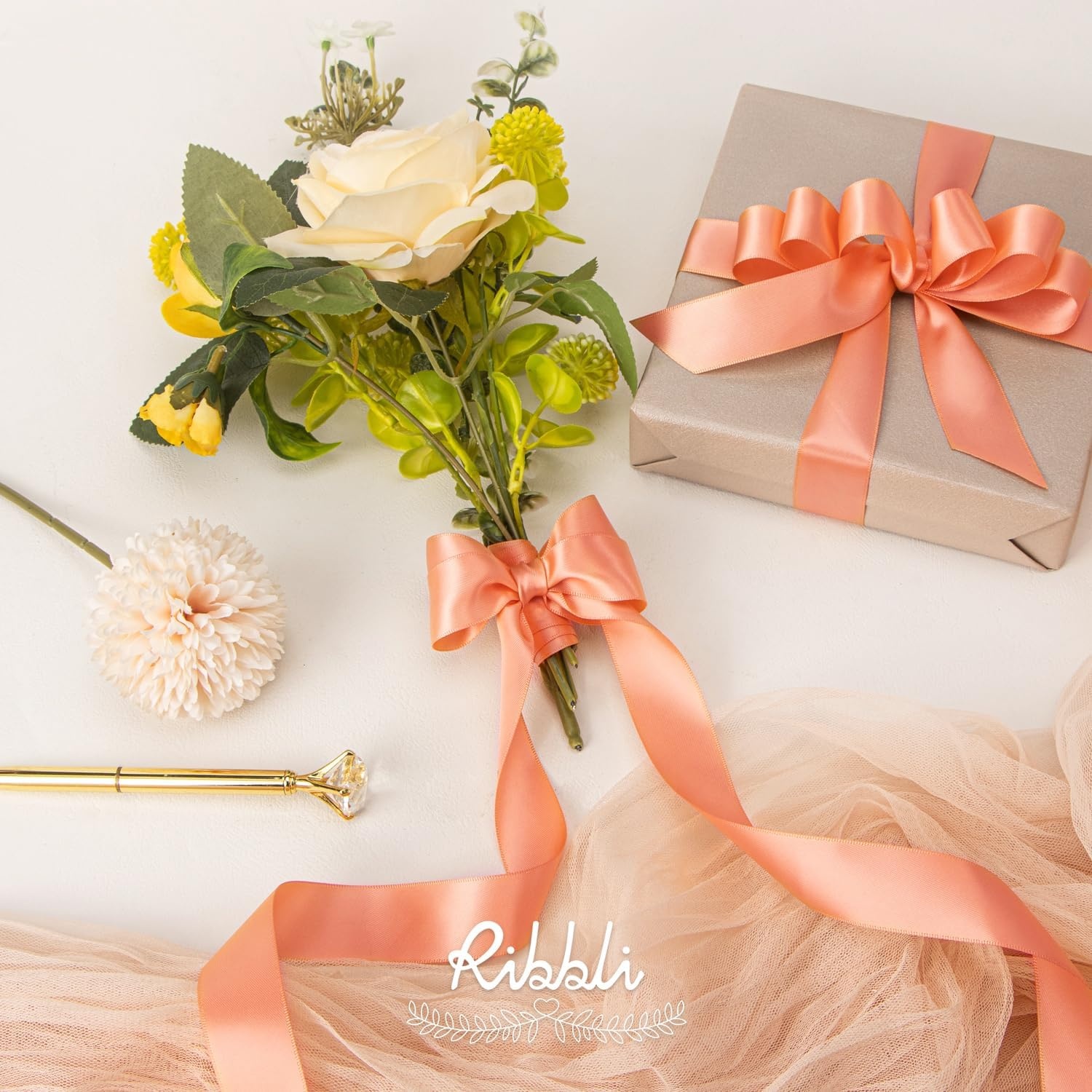 Ribbli Dusty Blue Satin Ribbon Double Faced Satin 1-1/2 Inch x Continuous 50 Yards-Blue Ribbon for Gift Wrapping Crafts Wedding Decoration Bows Bouquet Floral Arrangement(Peach)