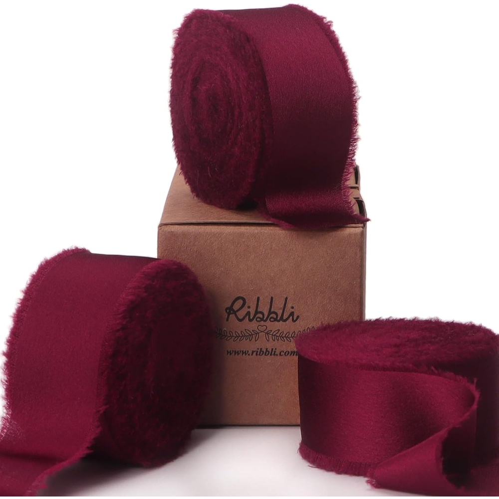 Ribbli Terracotta Silk Satin Ribbon 1.5 Inch x 30 Yard Handmade Frayed Chiffon Burnt Orange Ribbon for Gift Wrapping Wedding Invitations Bridal Bouquets Home Decor(Burgundy)
