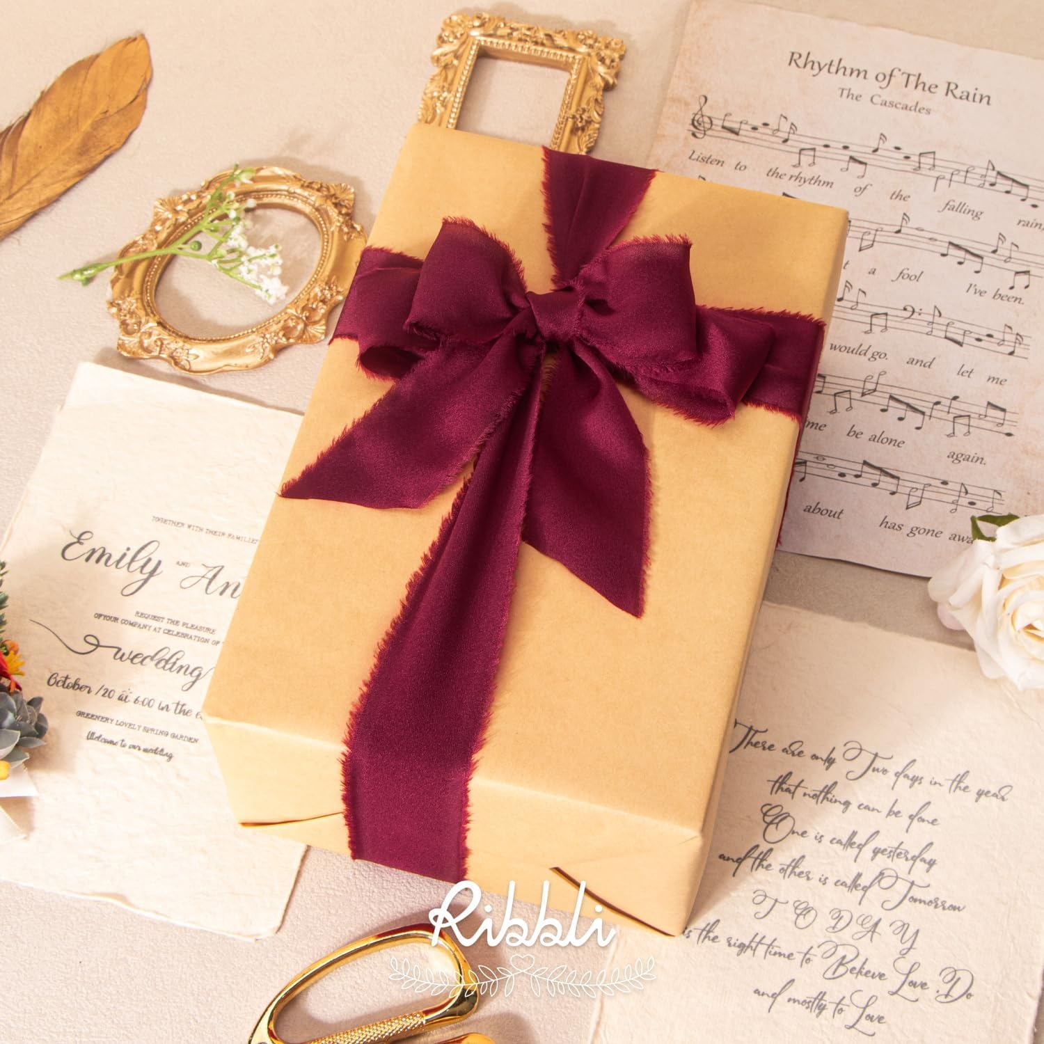 Ribbli Terracotta Silk Satin Ribbon 1.5 Inch x 30 Yard Handmade Frayed Chiffon Burnt Orange Ribbon for Gift Wrapping Wedding Invitations Bridal Bouquets Home Decor(Burgundy)