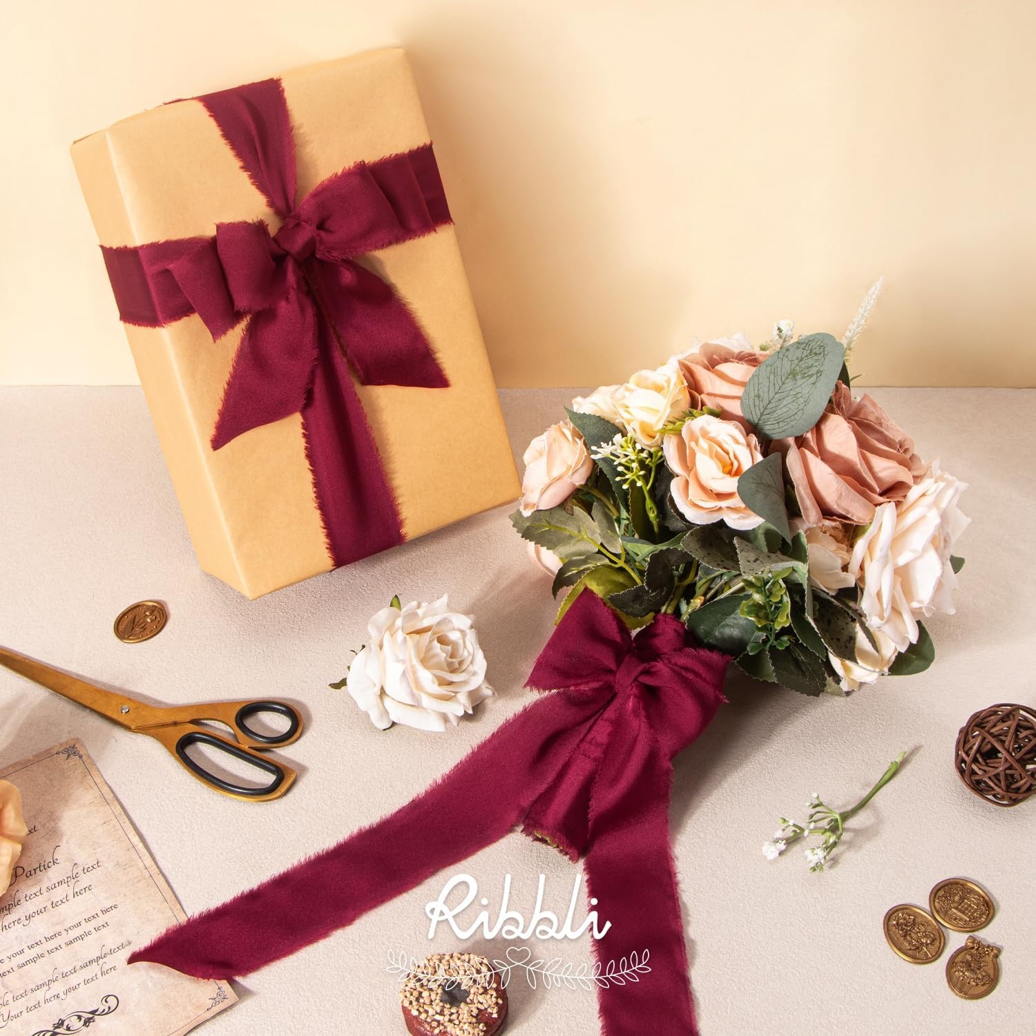 Ribbli Terracotta Silk Satin Ribbon 1.5 Inch x 30 Yard Handmade Frayed Chiffon Burnt Orange Ribbon for Gift Wrapping Wedding Invitations Bridal Bouquets Home Decor(Burgundy)