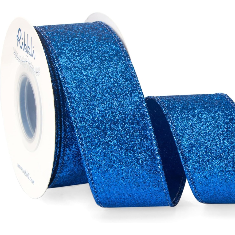 Ribbli Turquoise Blue Glitter Wired Ribbon,Turquoise with Metallic Edge,Christmas Ribbon for Wreath, Christmas Tree Decoration, Gift Wrapping,Home Decor, 2-1/2 Inch x 10 Yards(Royal Blue)