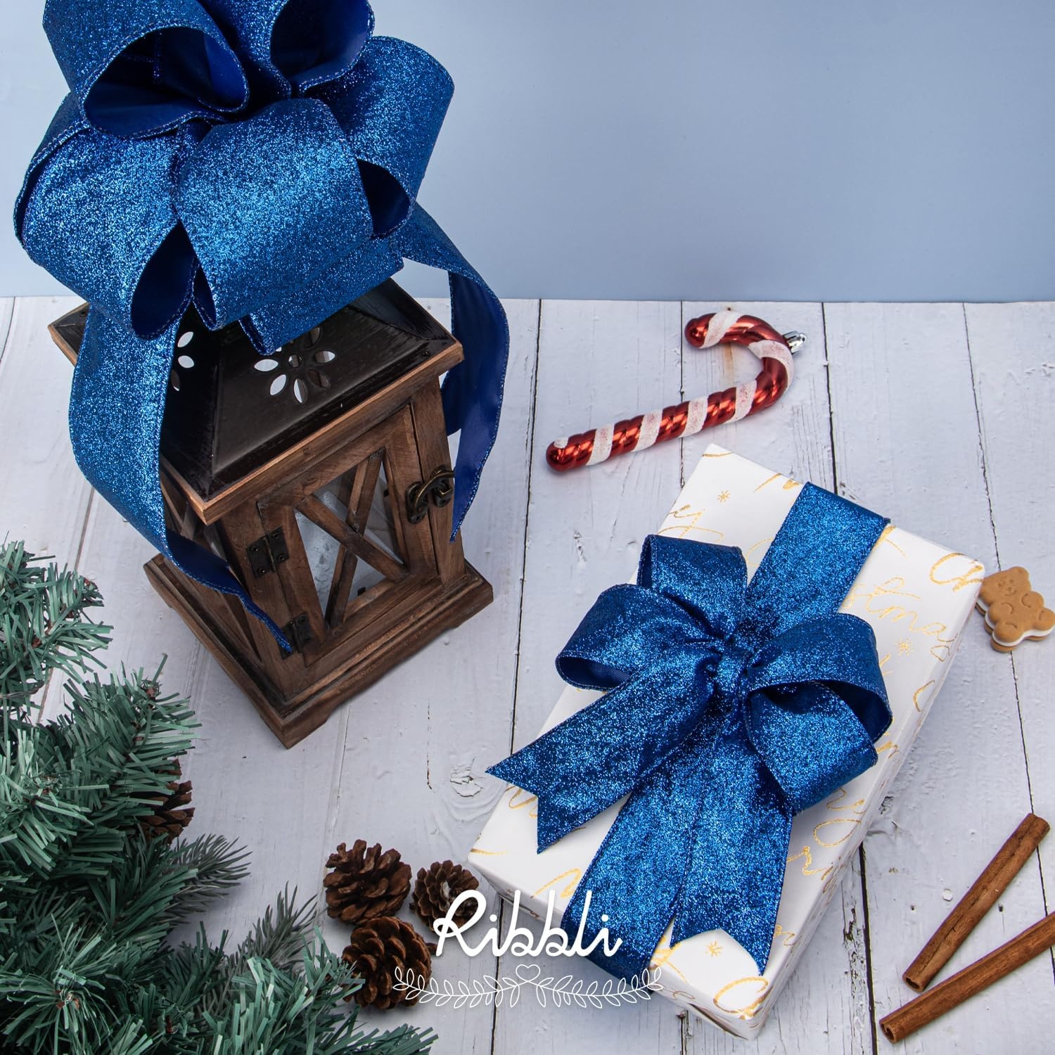 Ribbli Turquoise Blue Glitter Wired Ribbon,Turquoise with Metallic Edge,Christmas Ribbon for Wreath, Christmas Tree Decoration, Gift Wrapping,Home Decor, 2-1/2 Inch x 10 Yards(Royal Blue)