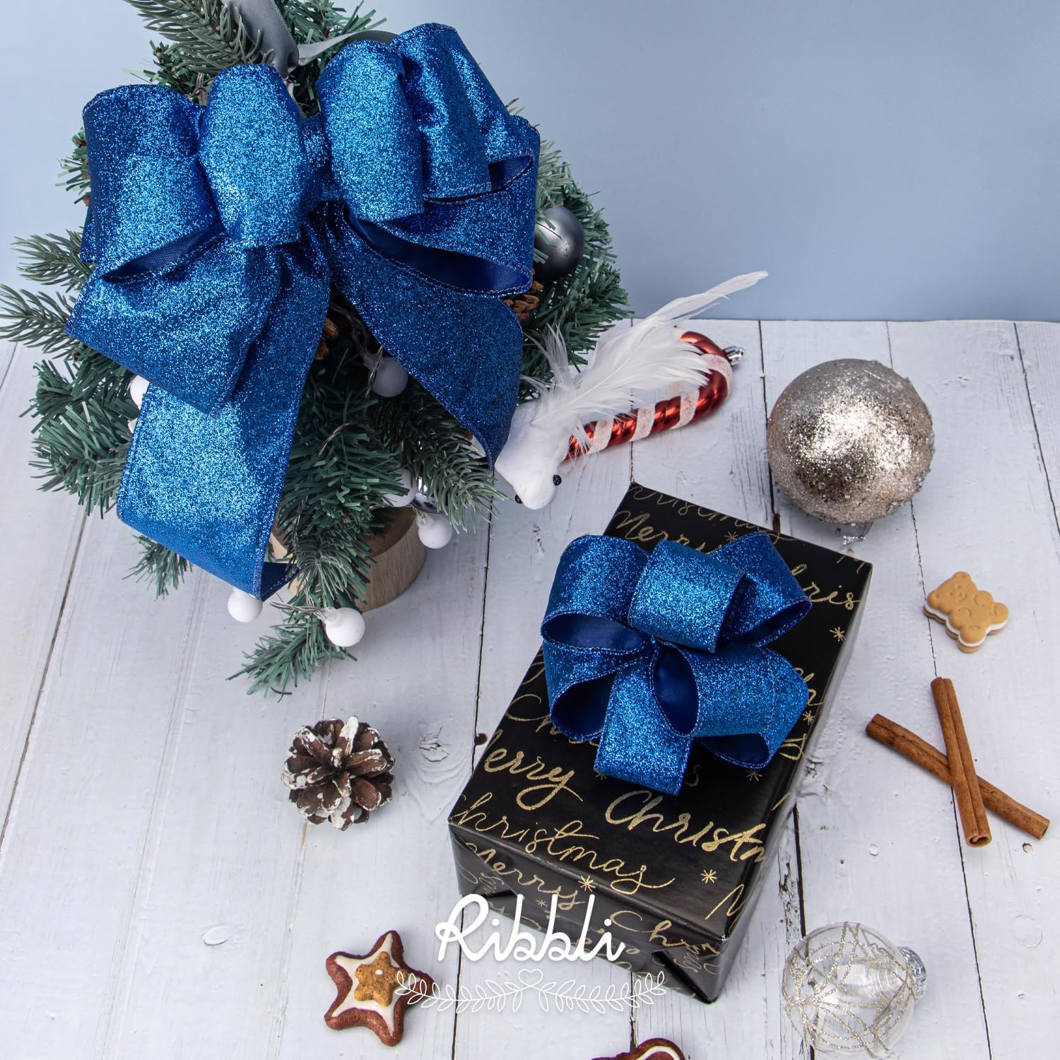Ribbli Turquoise Blue Glitter Wired Ribbon,Turquoise with Metallic Edge,Christmas Ribbon for Wreath, Christmas Tree Decoration, Gift Wrapping,Home Decor, 2-1/2 Inch x 10 Yards(Royal Blue)