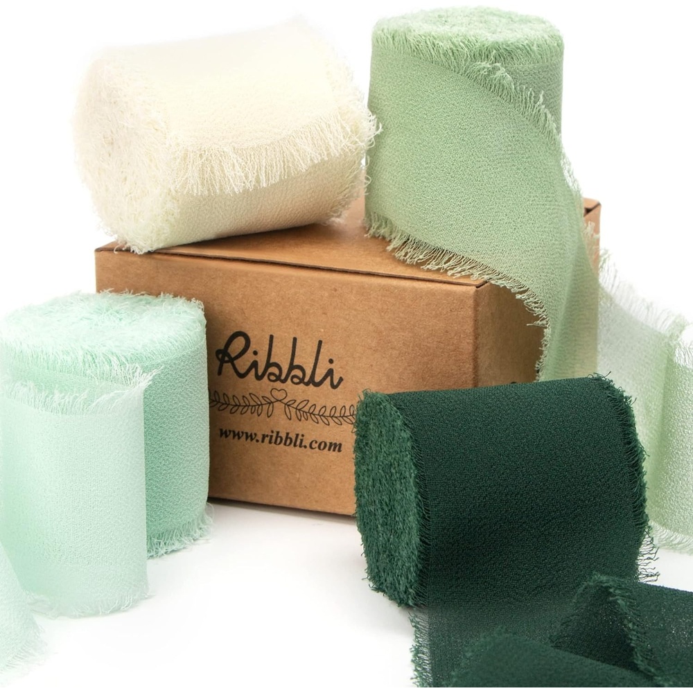 Ribbli Chiffon Ribbon Set, Handmade Fringe Silk, 1.5 in x 5 Yd Rolls, Nude/Beige/White Ribbon for Wedding Invitations & Bouquets(Ivory/Mint/Sage/Forest Green)
