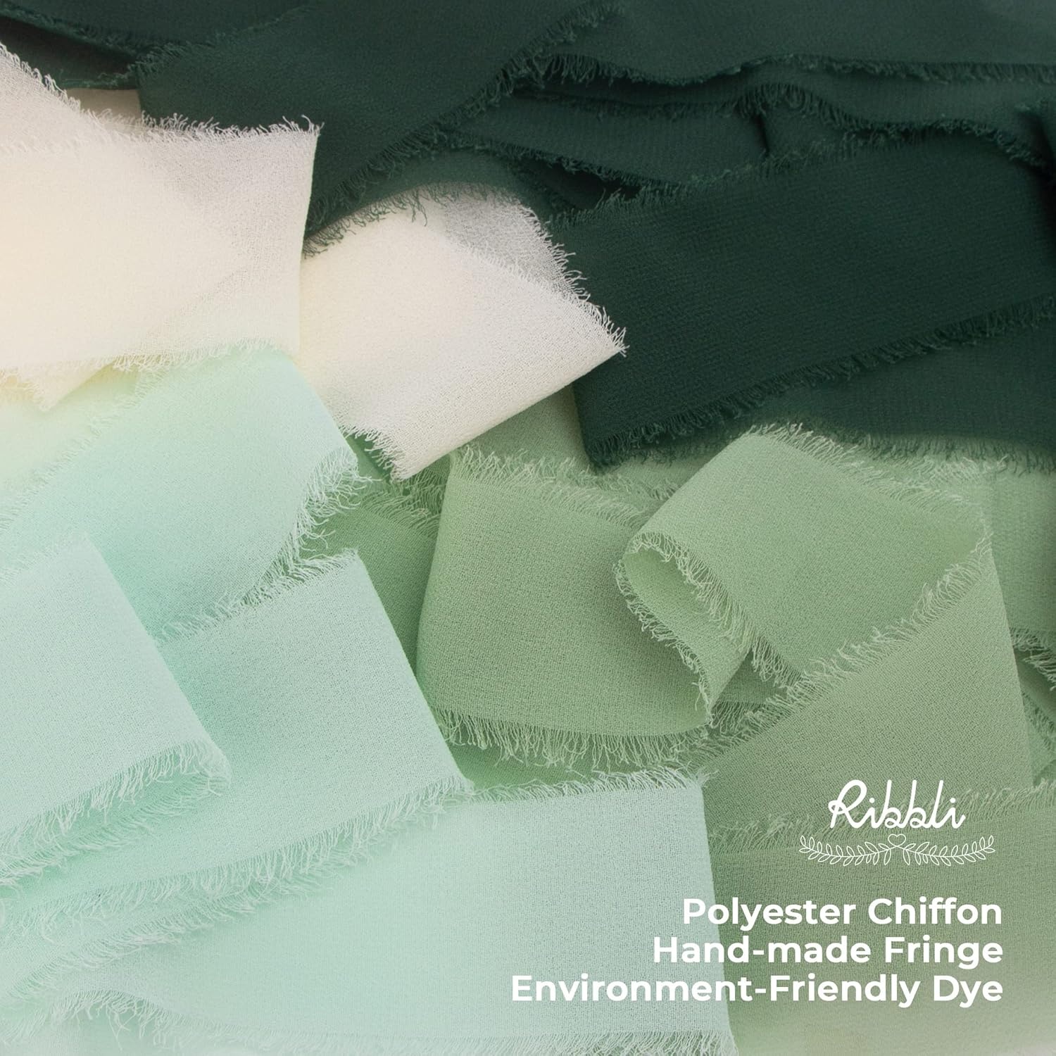 Ribbli Chiffon Ribbon Set, Handmade Fringe Silk, 1.5 in x 5 Yd Rolls, Nude/Beige/White Ribbon for Wedding Invitations & Bouquets(Ivory/Mint/Sage/Forest Green)