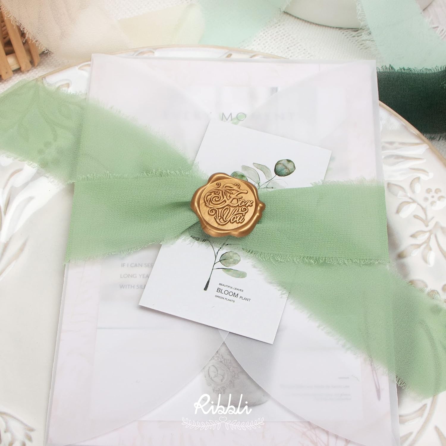 Ribbli Chiffon Ribbon Set, Handmade Fringe Silk, 1.5 in x 5 Yd Rolls, Nude/Beige/White Ribbon for Wedding Invitations & Bouquets(Ivory/Mint/Sage/Forest Green)