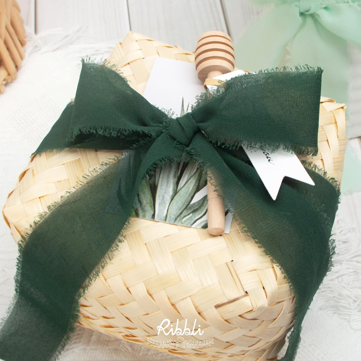 Ribbli Chiffon Ribbon Set, Handmade Fringe Silk, 1.5 in x 5 Yd Rolls, Nude/Beige/White Ribbon for Wedding Invitations & Bouquets(Ivory/Mint/Sage/Forest Green)
