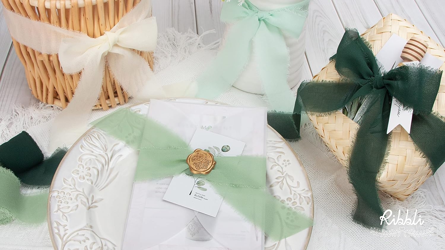 Ribbli Chiffon Ribbon Set, Handmade Fringe Silk, 1.5 in x 5 Yd Rolls, Nude/Beige/White Ribbon for Wedding Invitations & Bouquets(Ivory/Mint/Sage/Forest Green)