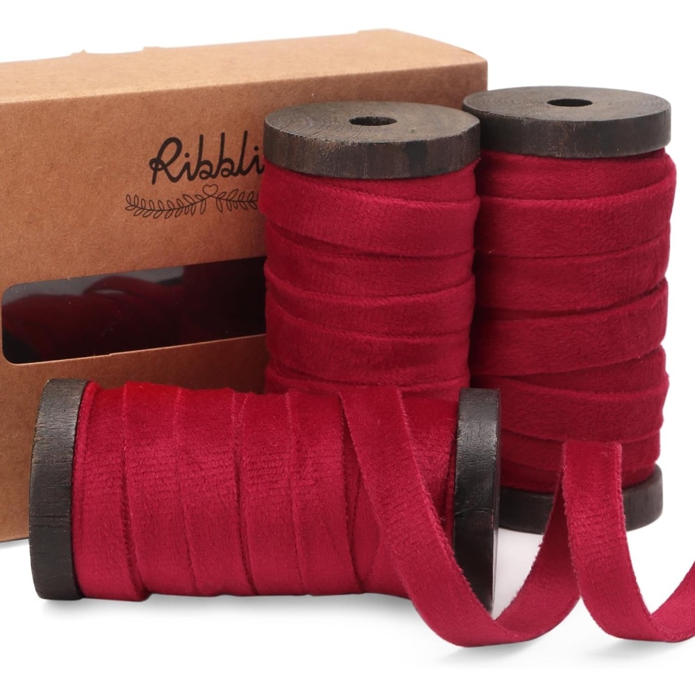 Ribbli Antique Gold Velvet Ribbon 3 Rolls Double Faced 3/8 Inch 18-Yard with Wooden Spool Use for Christmas Tree Ornaments Gift Wrapping Wreath Decoration Wedding Boutonnieres(Vintage Red)