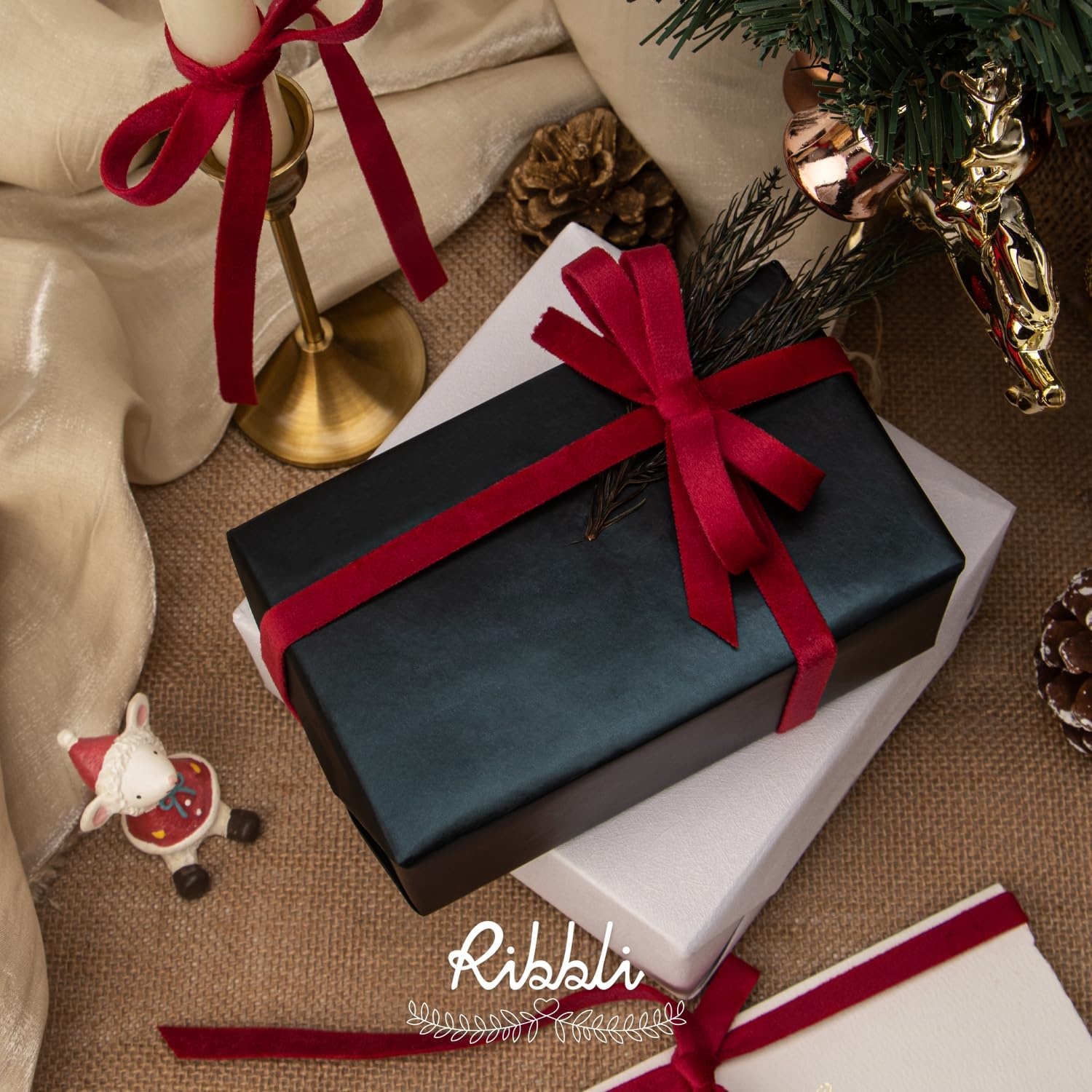 Ribbli Antique Gold Velvet Ribbon 3 Rolls Double Faced 3/8 Inch 18-Yard with Wooden Spool Use for Christmas Tree Ornaments Gift Wrapping Wreath Decoration Wedding Boutonnieres(Vintage Red)