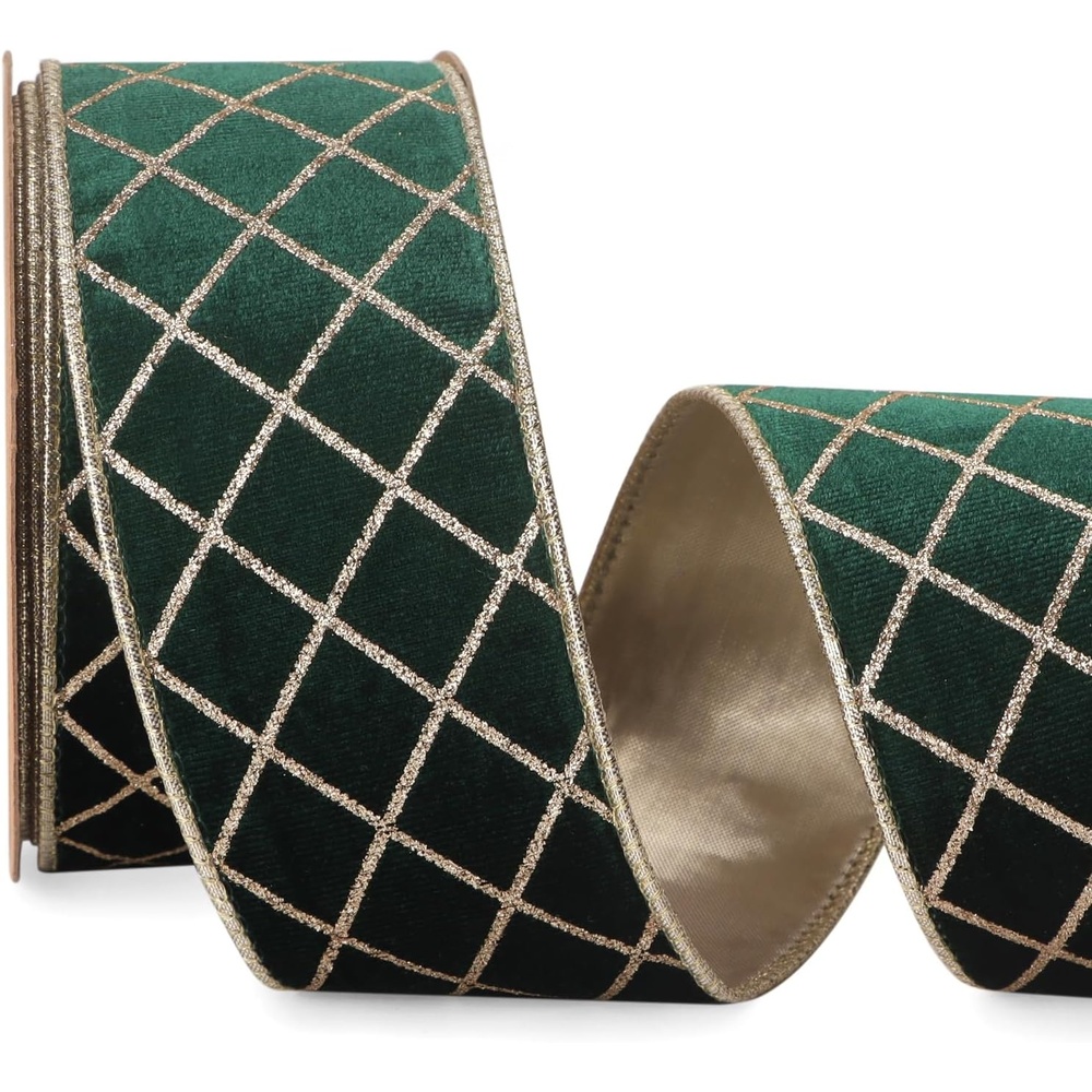 Ribbli Dusty Green Velvet Ribbon Wired with Glitter Diamond Grid 2-1/2 Inch Christmas Ribbon for Christmas Tree Decoration Big Bow Gift Wrapping Crafts Wreaths Garland Supplies – 10 Yards(Forest Green)